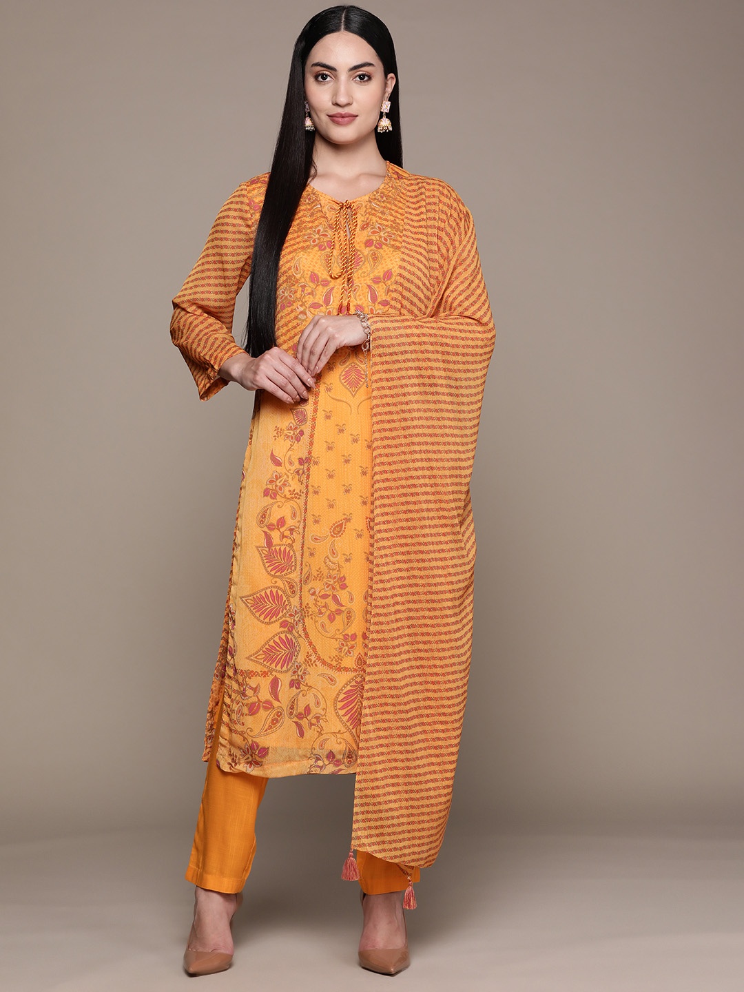 

aarke Ritu Kumar Floral Printed Regular Kurta With Trousers & Dupatta, Mustard