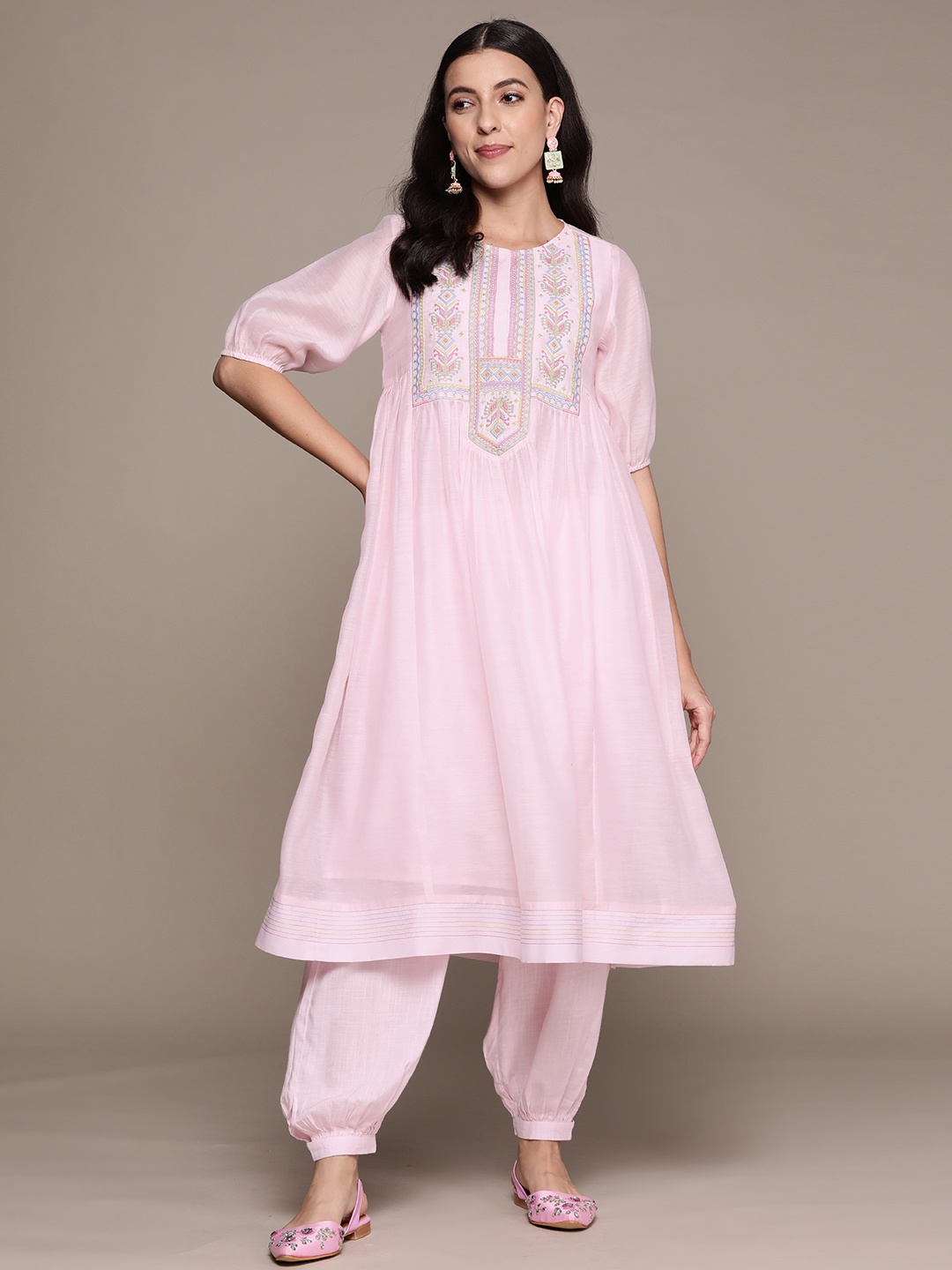 

aarke Ritu Kumar Embroidered Thread Work Kurta With Harem Pants, Pink