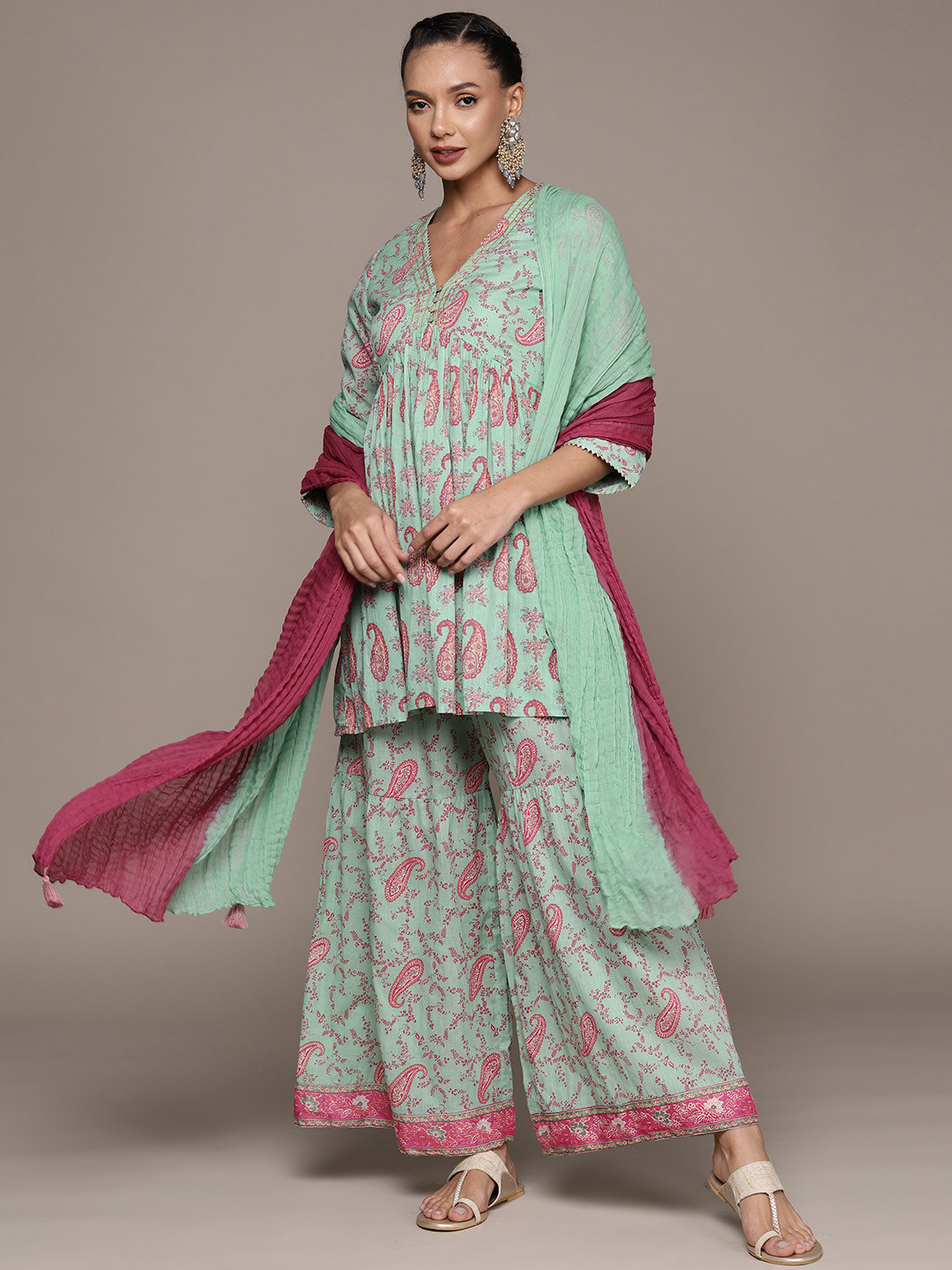 

aarke Ritu Kumar Paisley Printed Empire Kurti With Trousers & Dupatta, Sea green