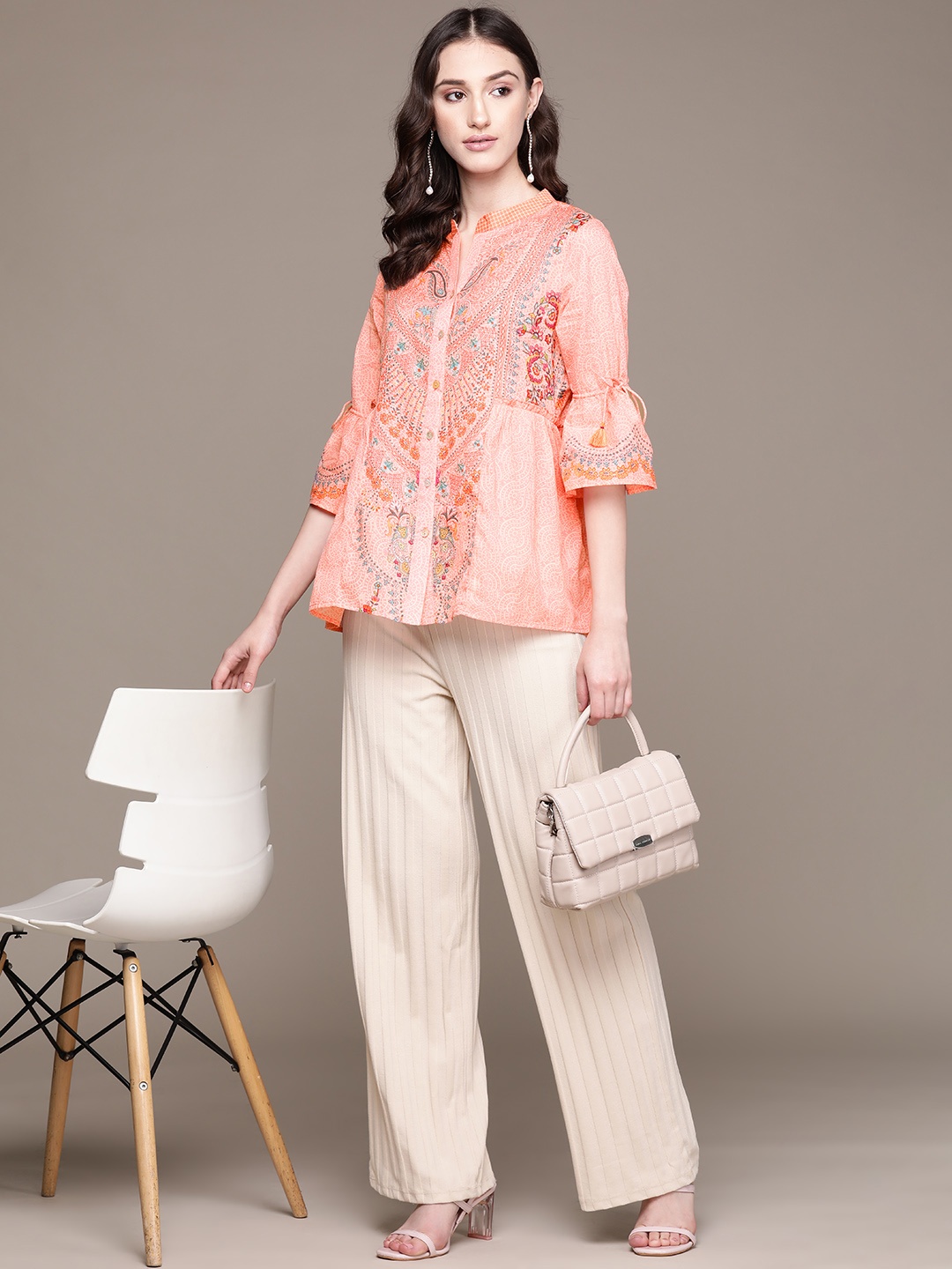 

aarke Ritu Kumar Ethnic Motifs Printed Bell Sleeves Pure Cotton Kurti, Peach