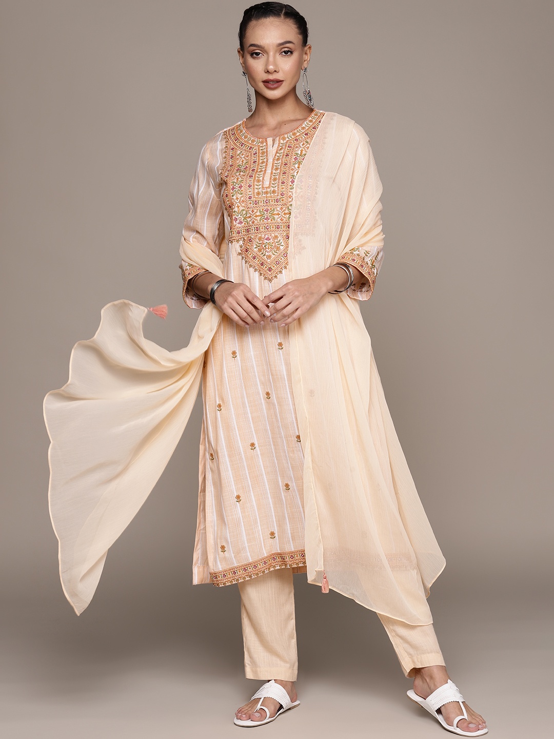 

aarke Ritu Kumar Ethnic Motifs Embroidered Mirror Work Kurta With Trousers & Dupatta, Orange