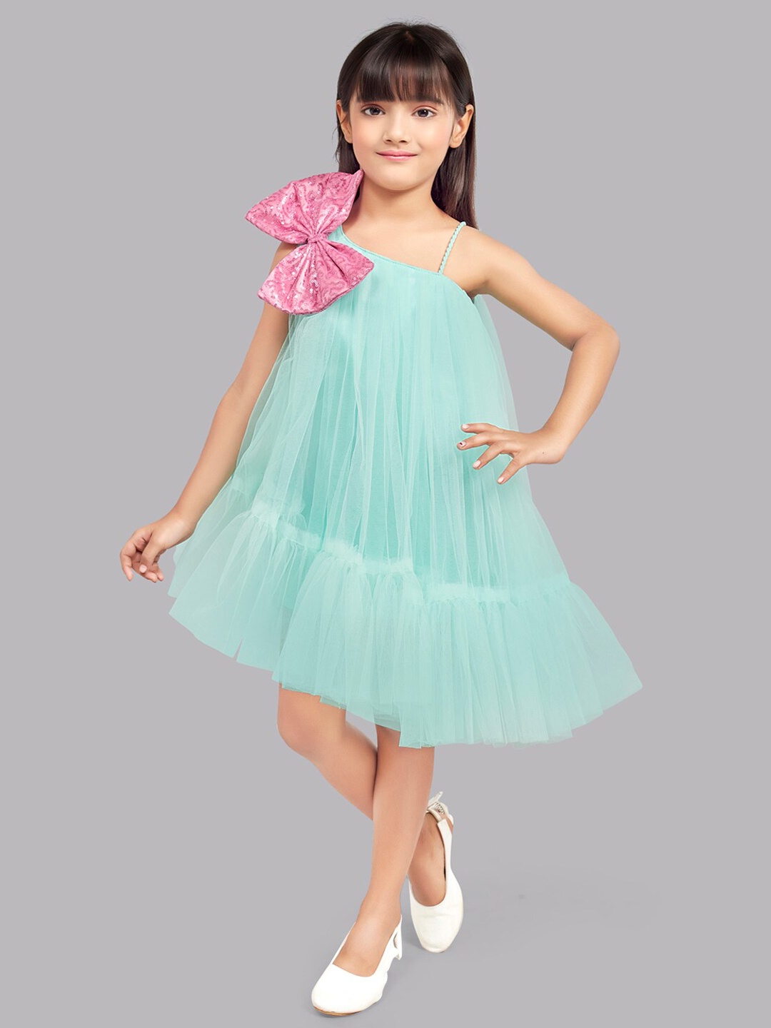 

Pink Chick Girls One Shoulder Bow Detail Tulle Net A-Line Dress, Sea green