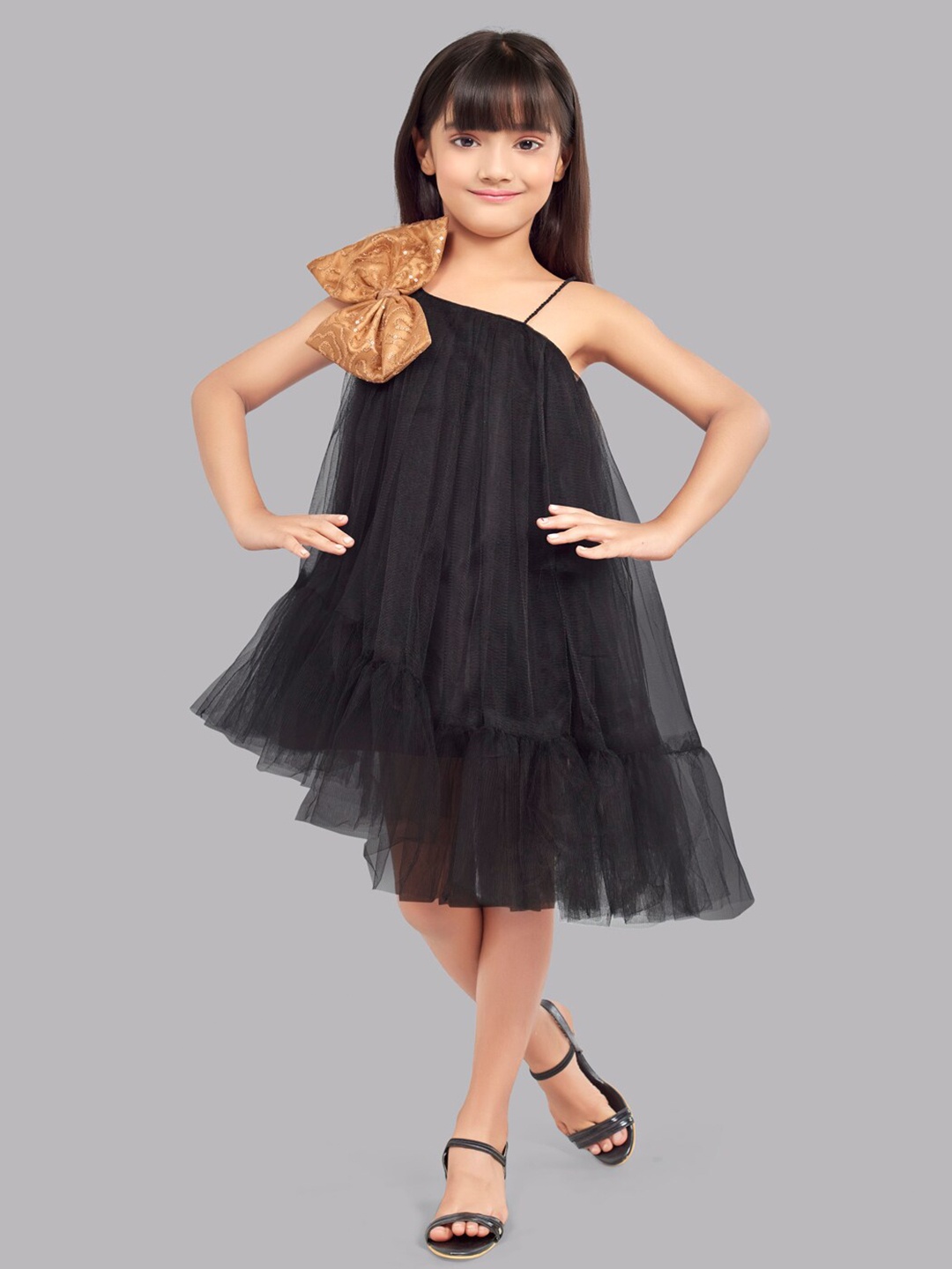 

Pink Chick Girls One Shoulder Bow Detail Tulle Net A-Line Dress, Black