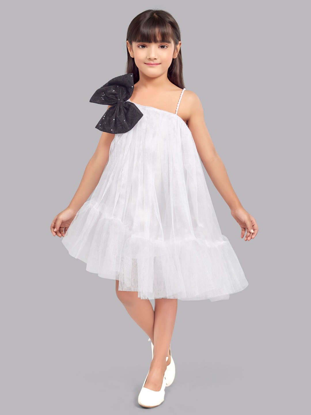 

Pink Chick Girls One Shoulder Bow Detail Tulle Net A-Line Dress, White
