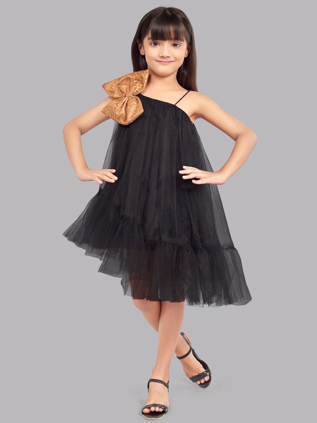 

Pink Chick Girls Shoulder Straps Bow Asymmetrical Hem Tulle Net A-Line Dress, Black