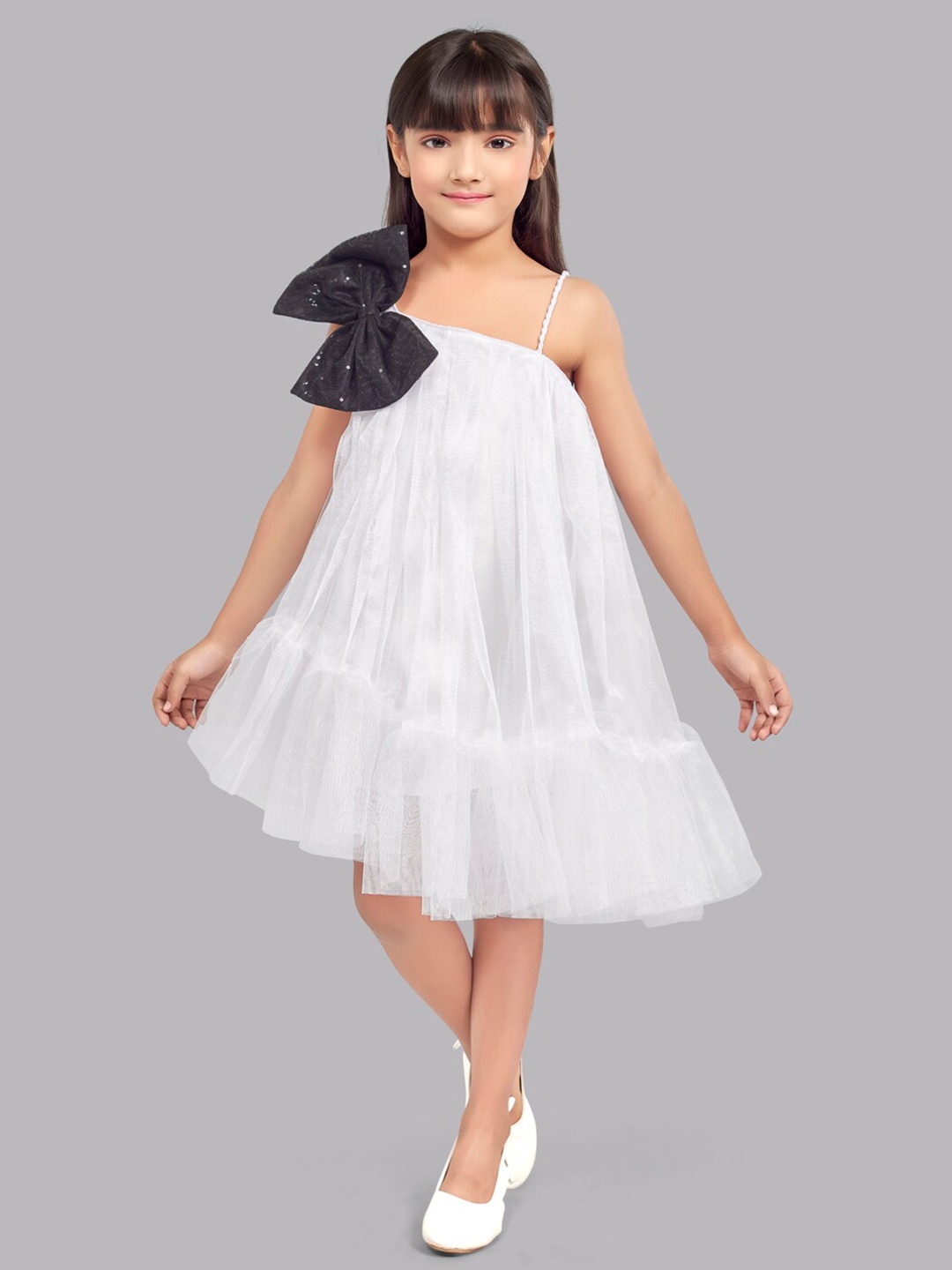 

Pink Chick Girls One Shoulder Bow Detail Tulle Net A-Line Dress, White