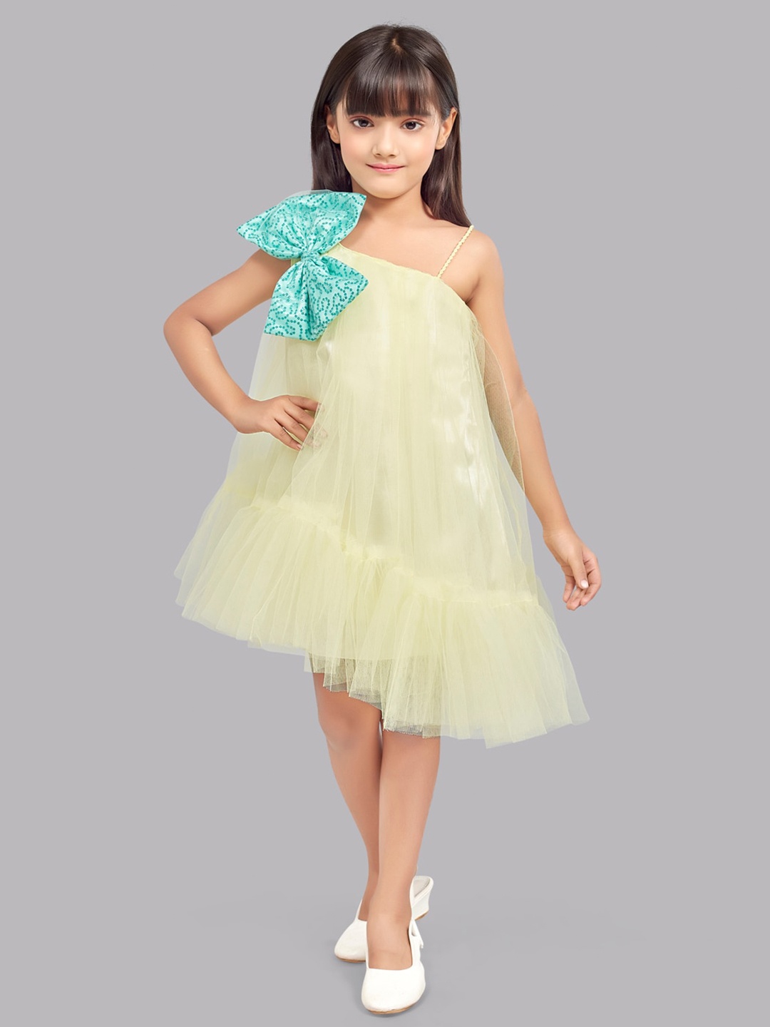 

Pink Chick Girls One Shoulder Bow Detail Tulle Net A-Line Dress, Yellow