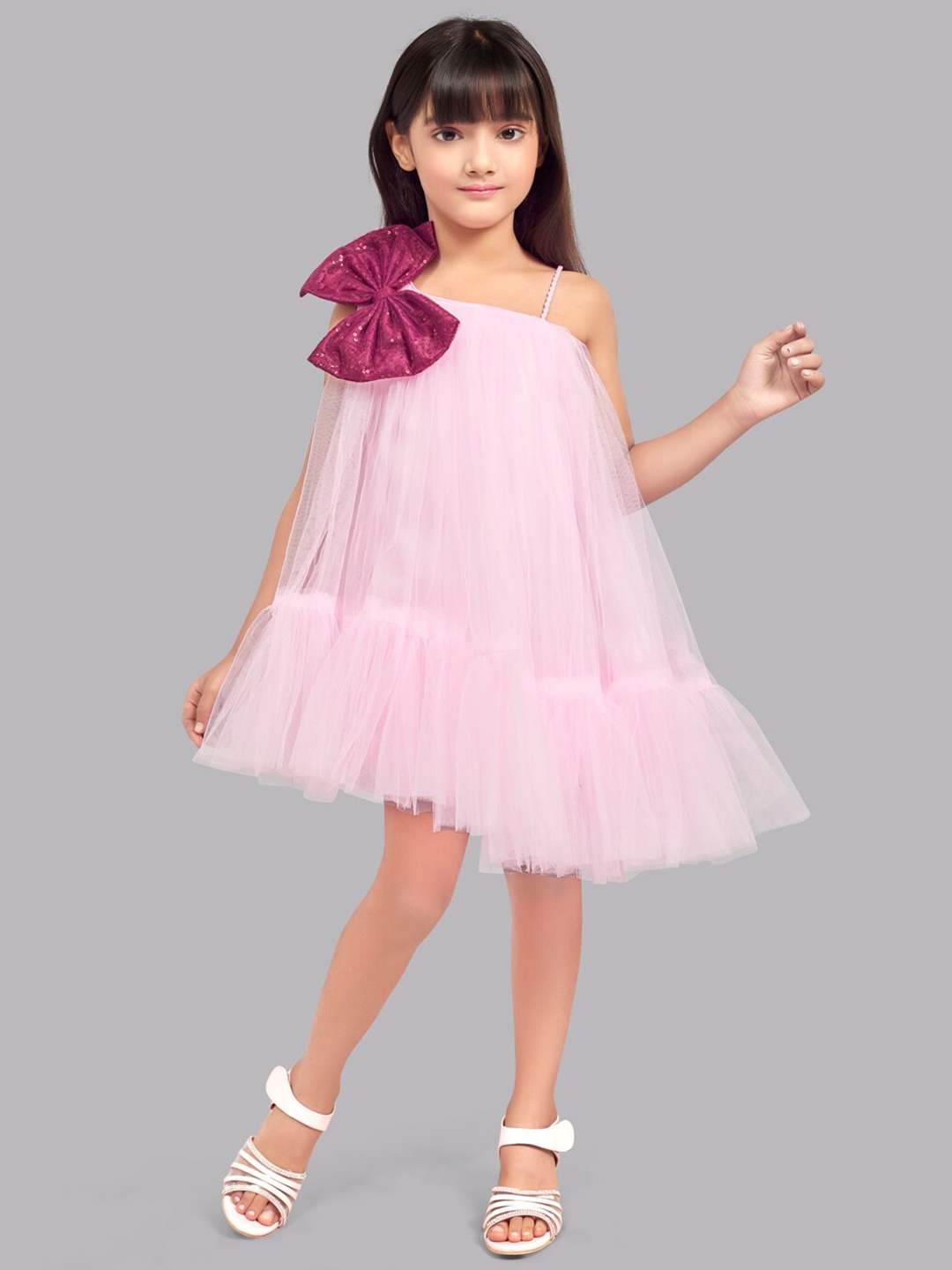 

Pink Chick Girls One Shoulder Bow Detail Tulle Net A-Line Dress