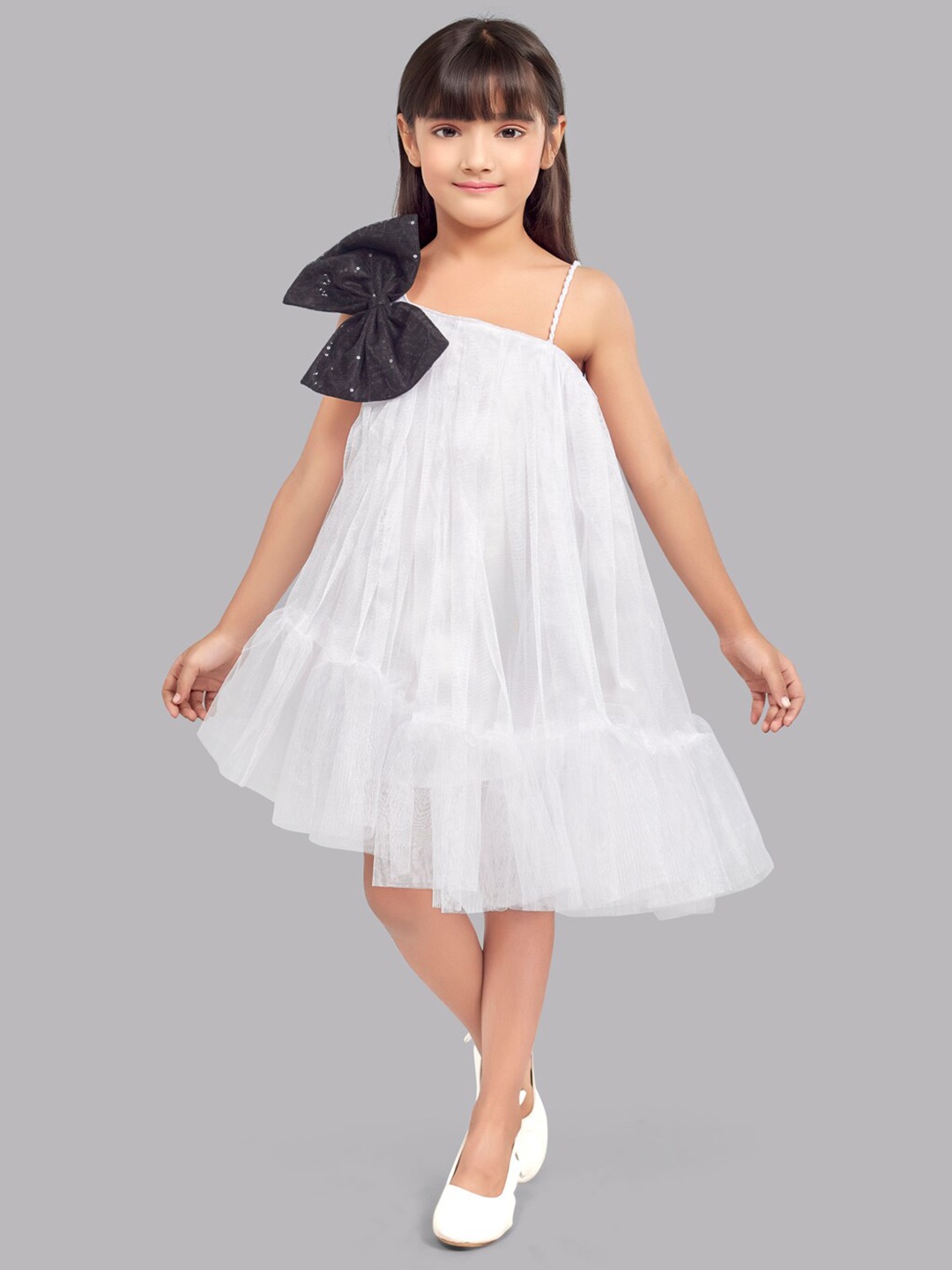 

Pink Chick Girls One Shoulder Bow Detail Tulle Net A-Line Dress, White