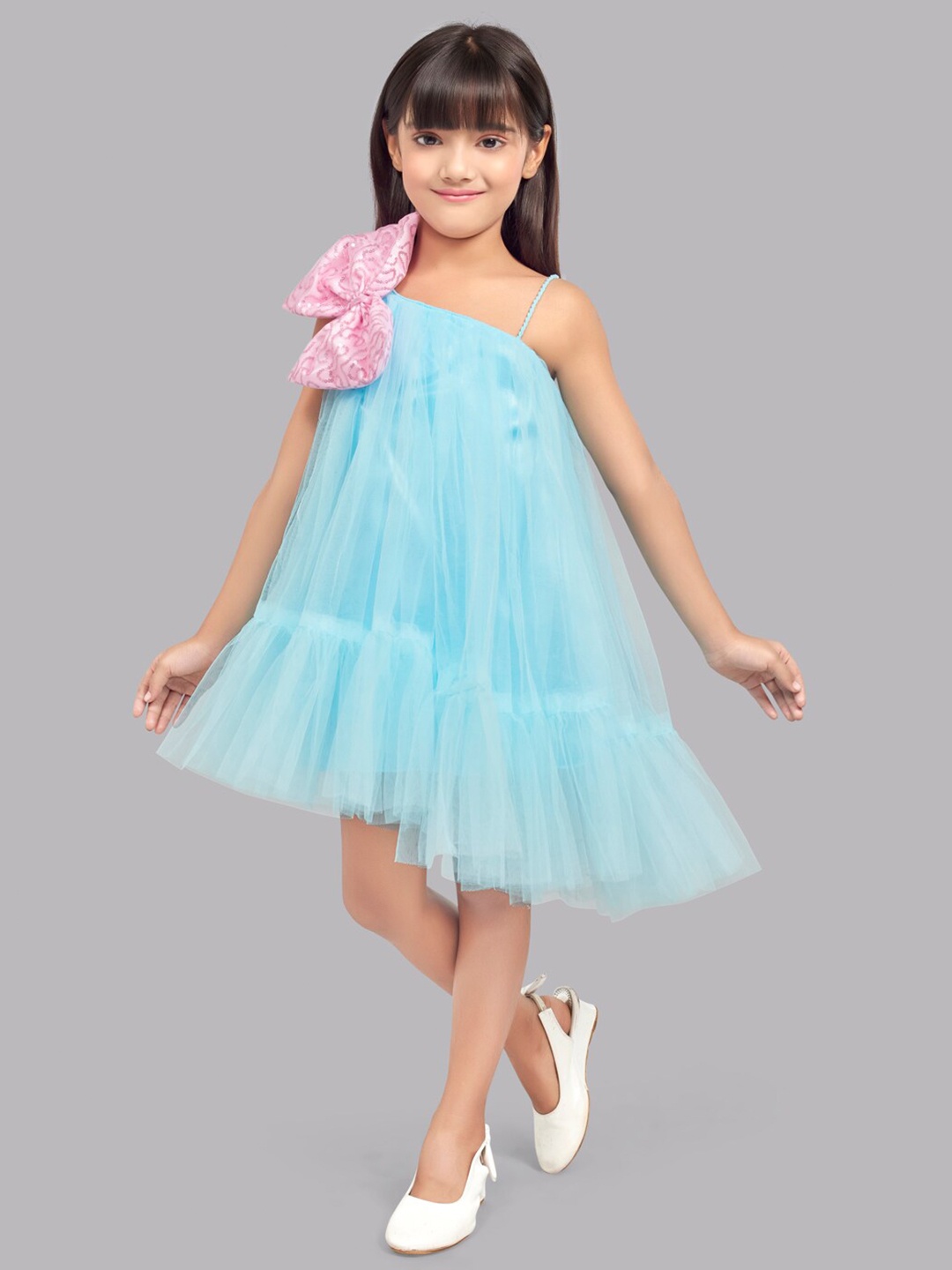 

Pink Chick Girls One Shoulder Bow Detail Tulle Net A-Line Dress, Blue