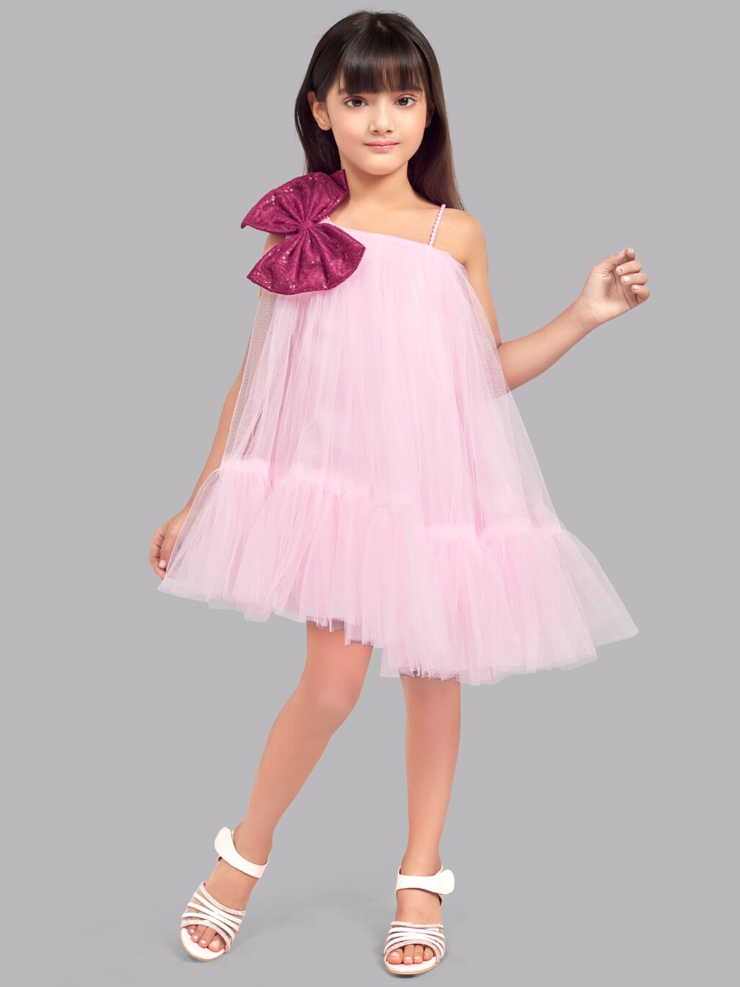 

Pink Chick Girls One Shoulder Bow Detail Tulle Net A-Line Dress