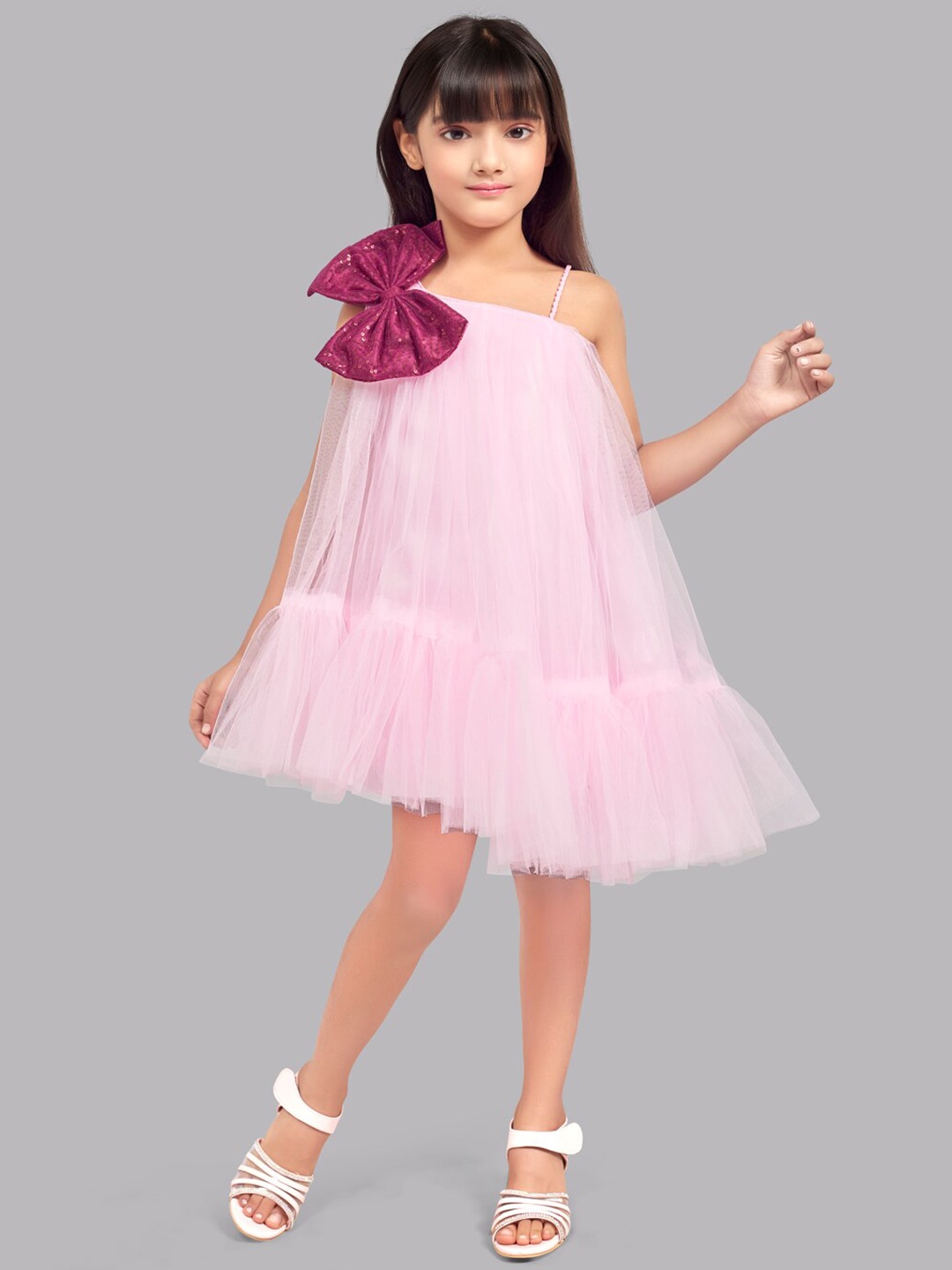 

Pink Chick Girls Shoulder Straps Bow Asymmetrical Hem Tulle Net A-Line Dress