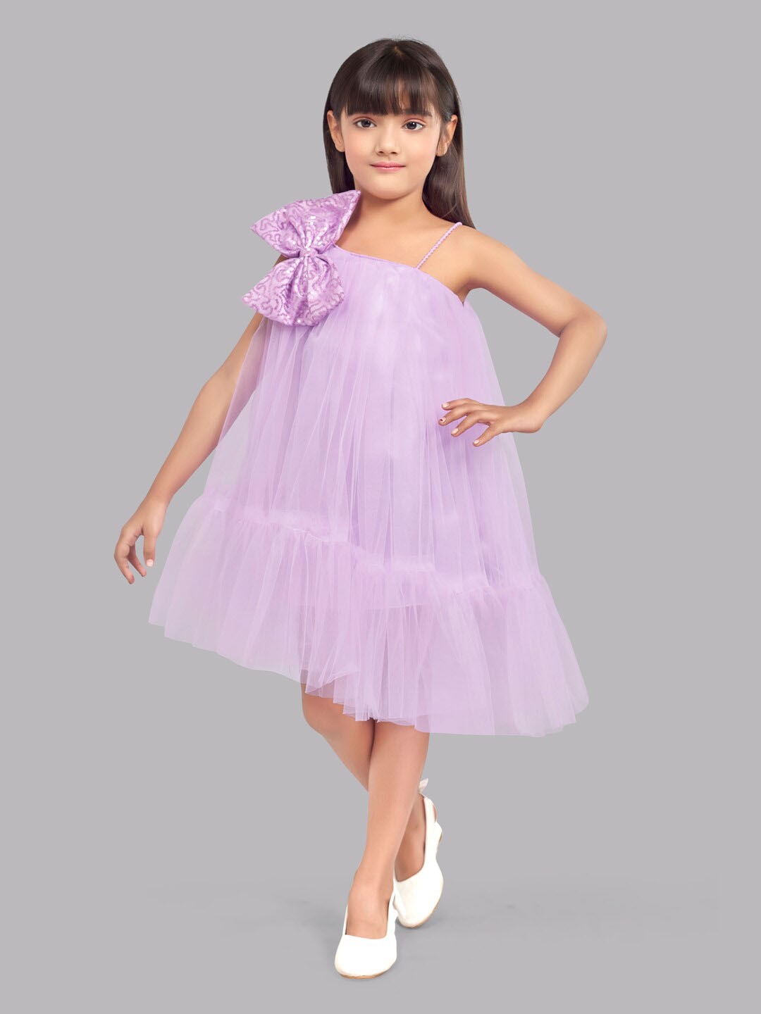 

Pink Chick Girls One Shoulder Bow Detail Tulle Net A-Line Dress, Lavender