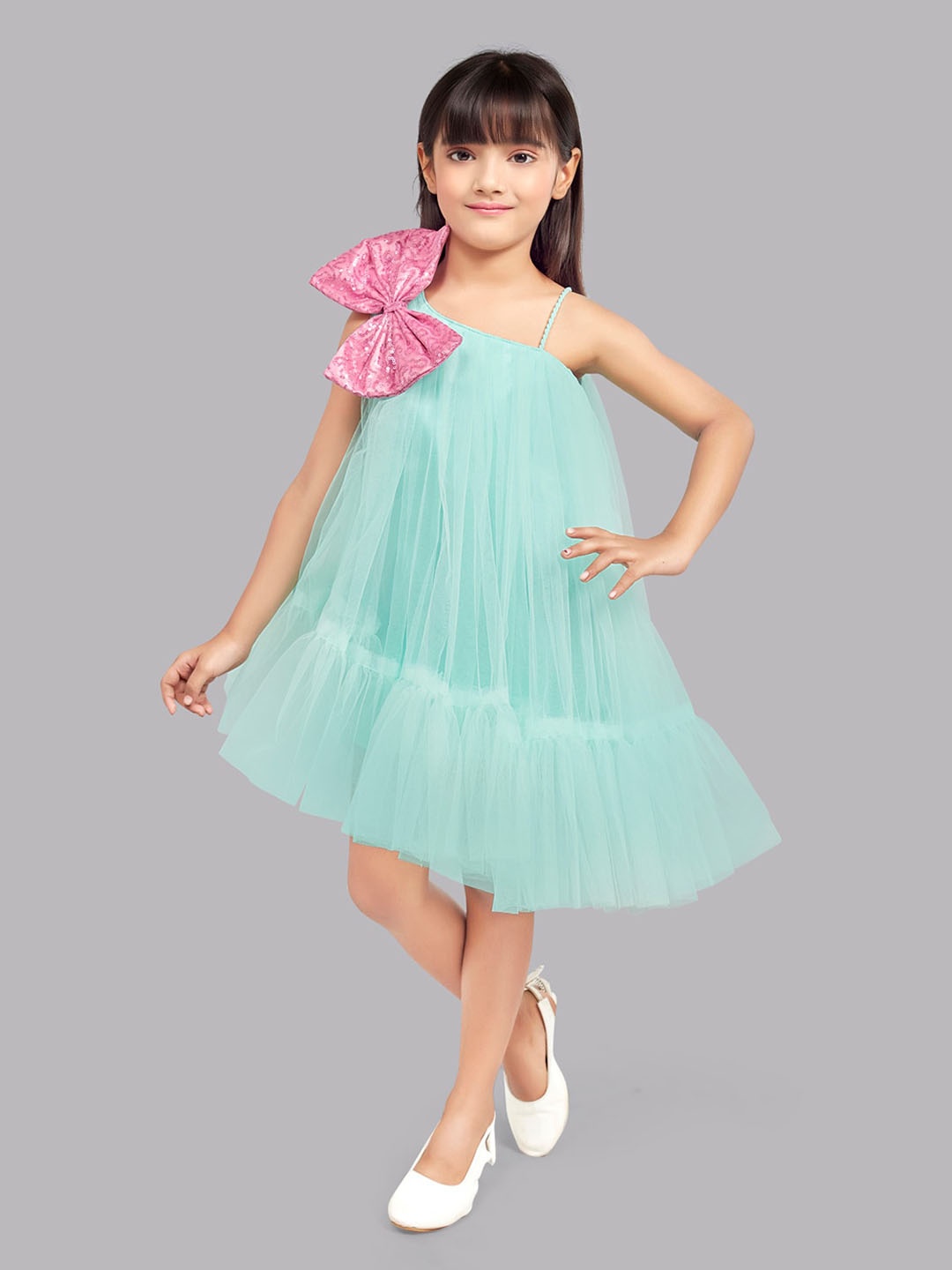 

Pink Chick Girls One Shoulder Bow Detail Tulle Net A-Line Dress, Sea green