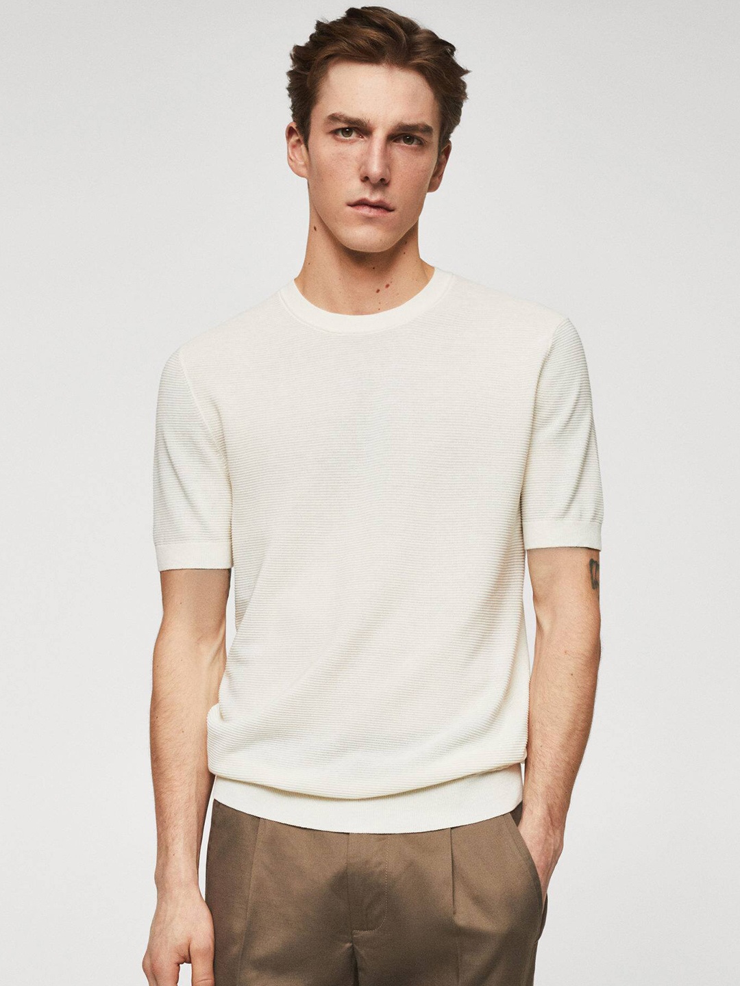 

MANGO MAN Textured Slim Fit T-shirt, Cream
