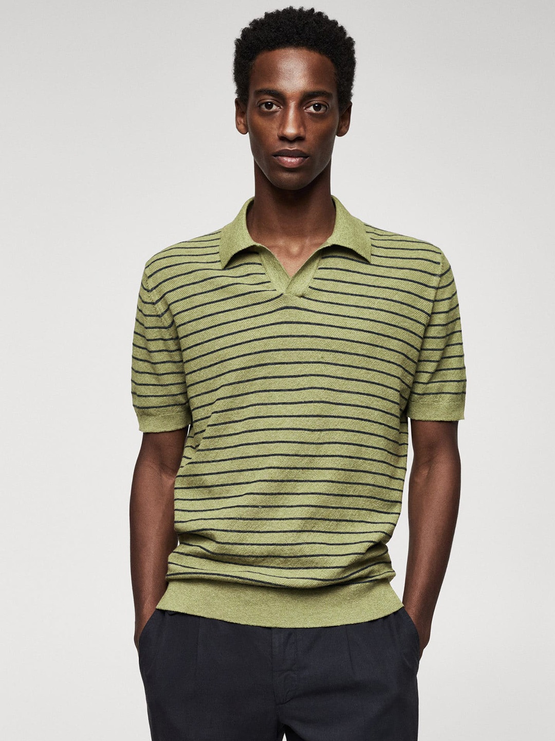 

MANGO MAN Striped Polo Collar T-shirt, Olive