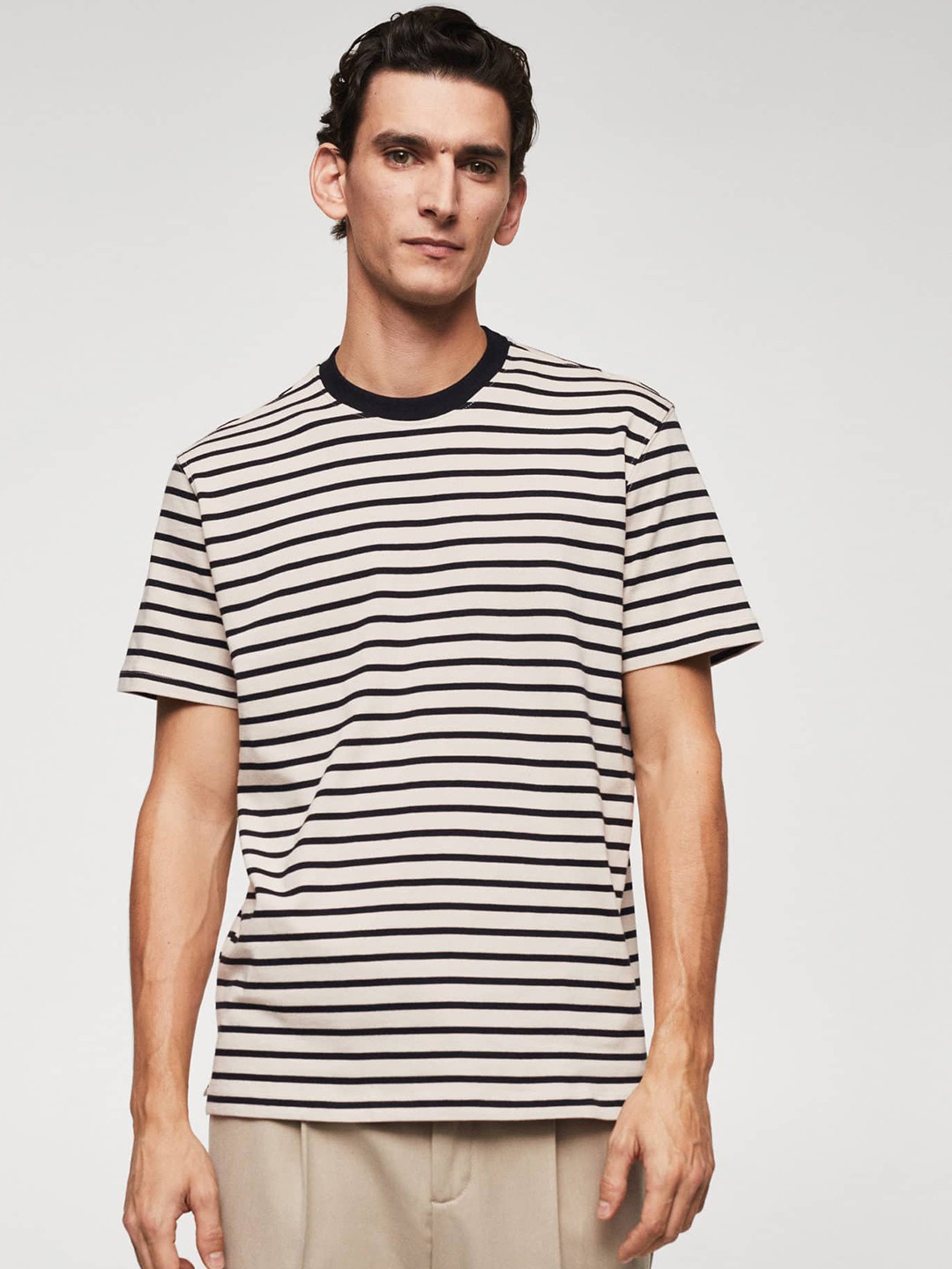 

MANGO MAN Striped Pure Cotton T-shirt, Cream