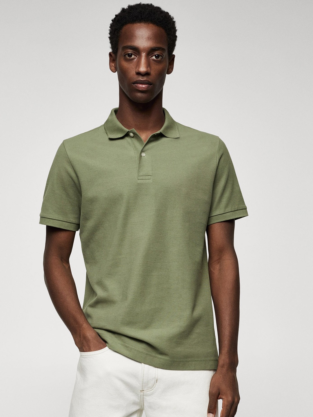 

MANGO MAN Pure Cotton Polo Collar T-shirt, Olive