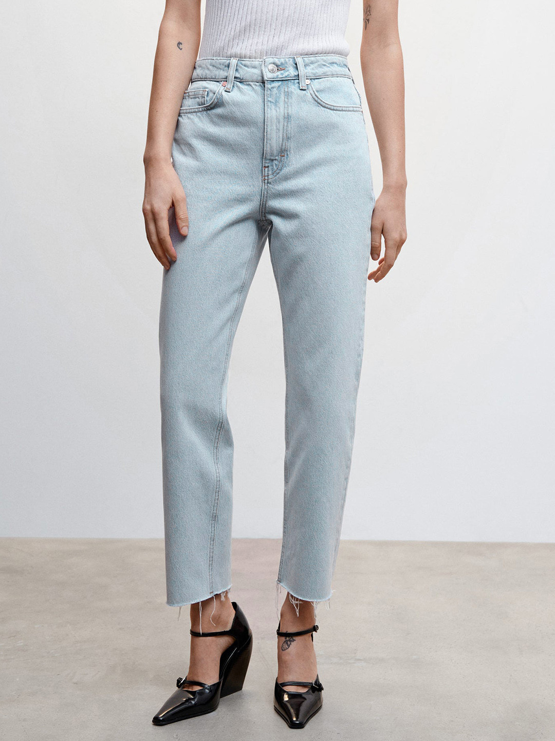 

MANGO Cotton Straight Fit High Rise Jeans, Blue