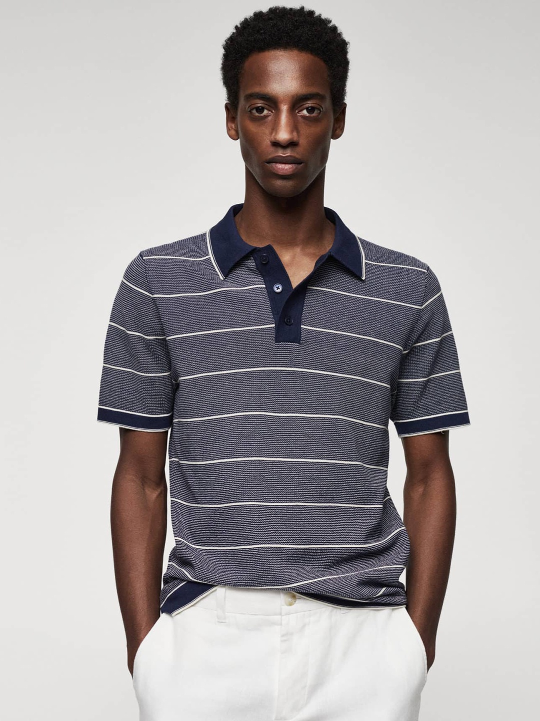 

MANGO MAN Striped Polo Collar T-shirt, Navy blue