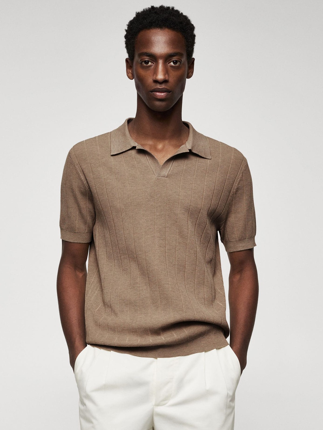 

MANGO MAN Ribbed Polo Collar T-shirt, Brown
