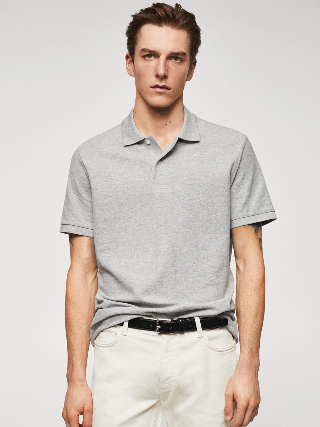 

MANGO MAN Polo Collar T-shirt, Grey melange