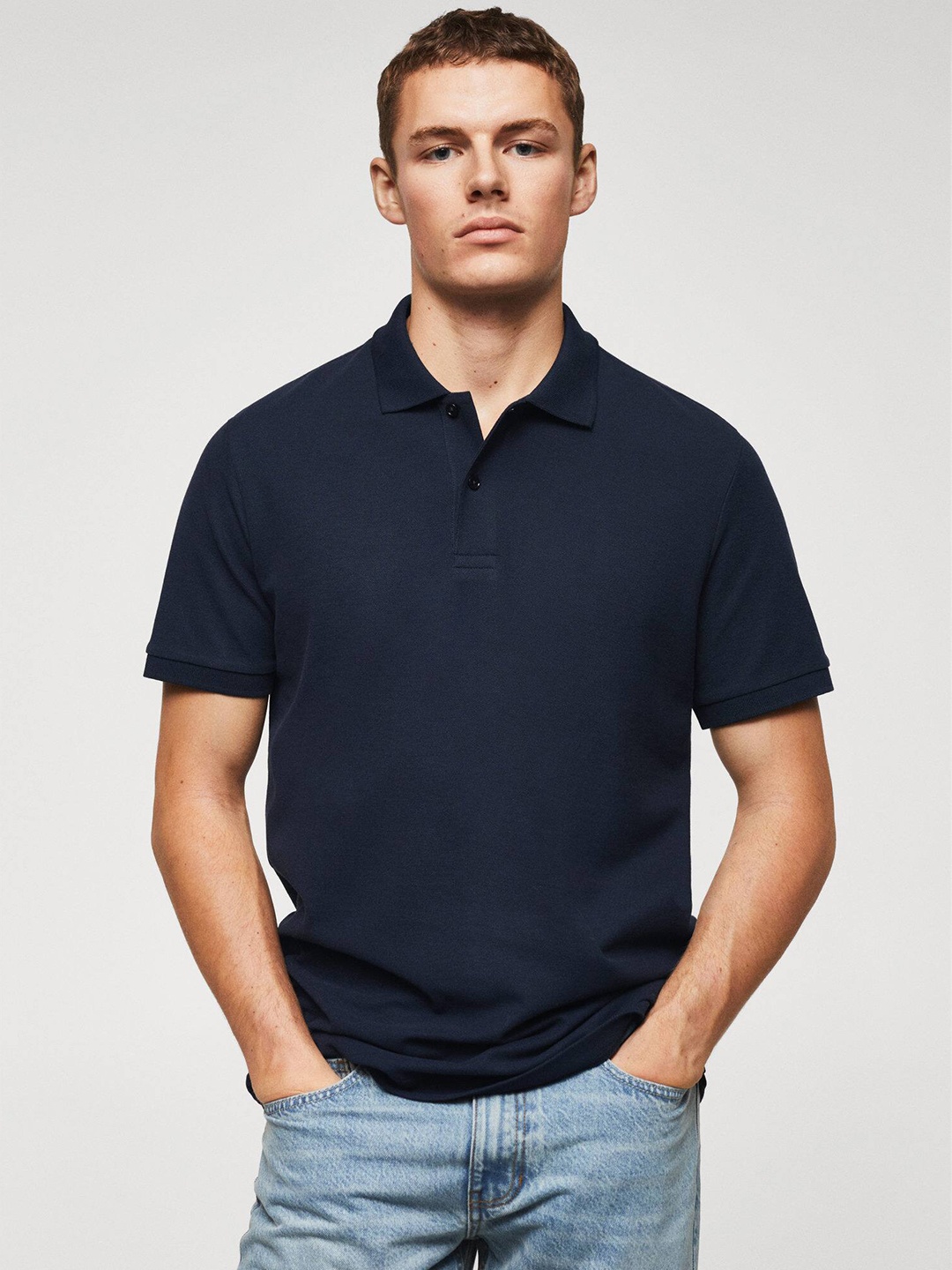 

MANGO MAN Polo Collar Pure Cotton T-shirt, Navy blue