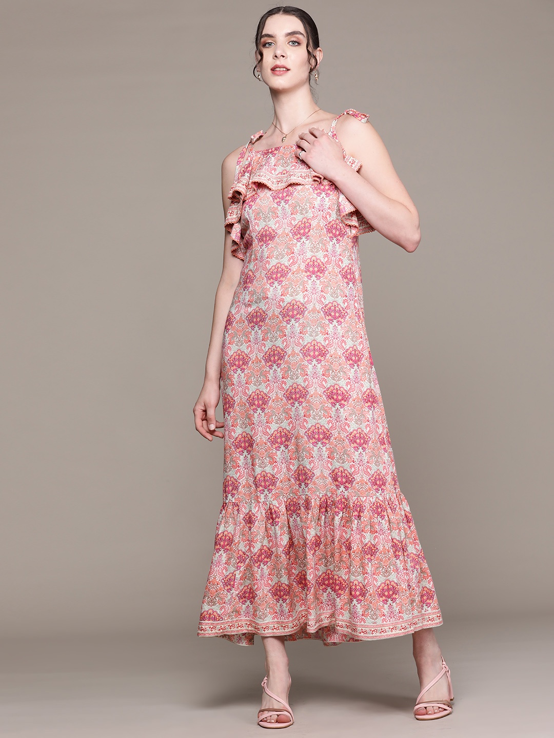 

aarke Ritu Kumar Floral Print Layered A-Line Maxi Dress, Pink