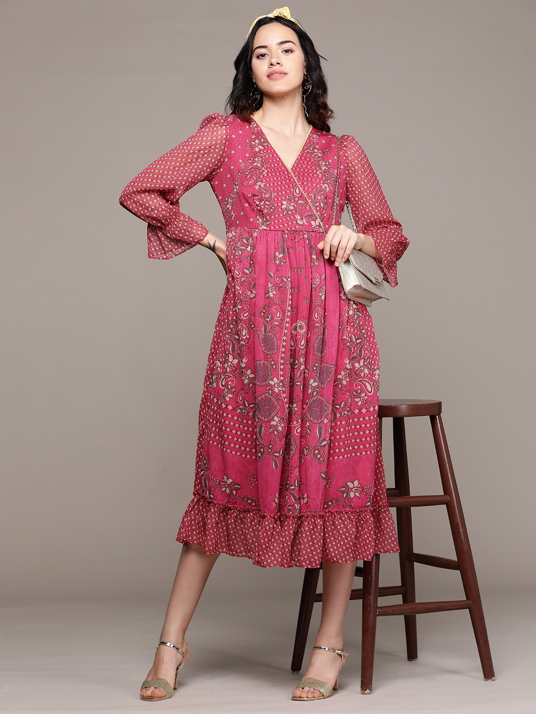 

aarke Ritu Kumar Floral Print Bell Sleeve Chiffon Midi Dress, Pink