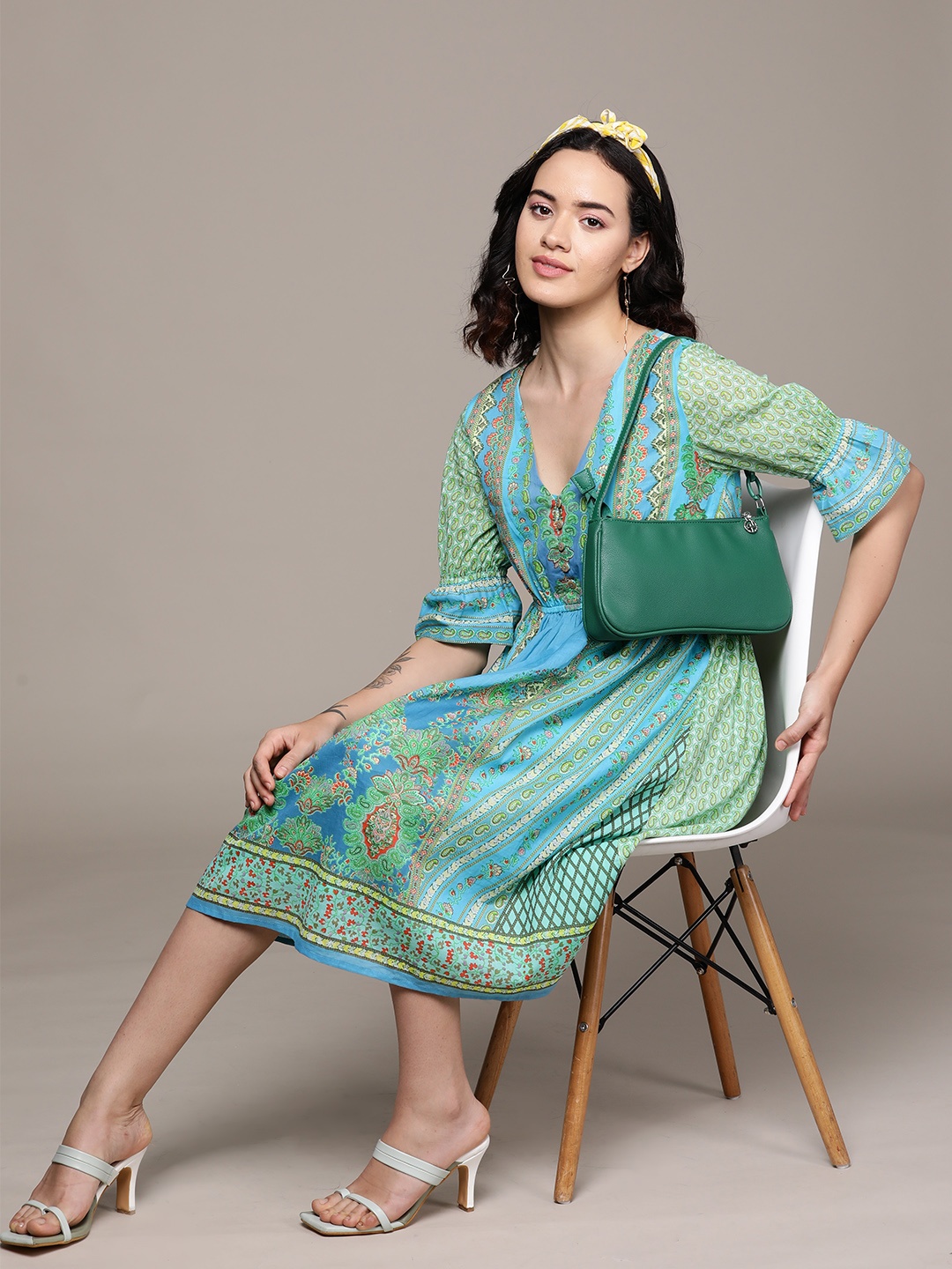 

aarke Ritu Kumar Floral Print Puff Sleeve Cotton A-Line Dress, Turquoise blue