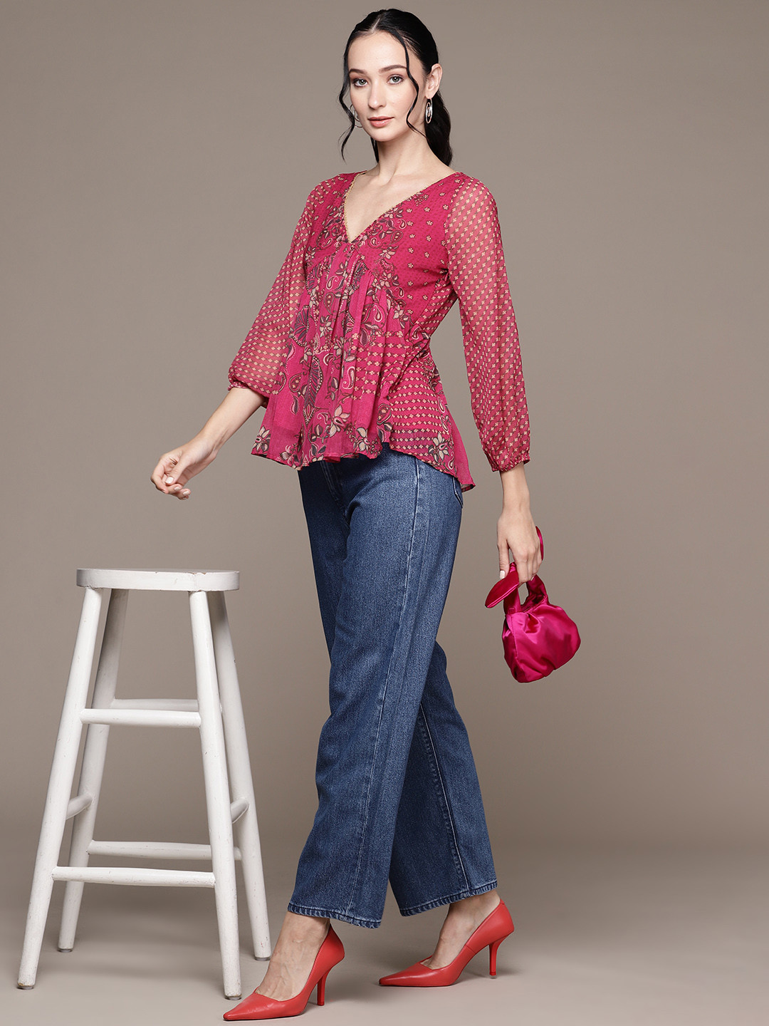 

aarke Ritu Kumar Floral Print Puff Sleeve Chiffon Top, Pink
