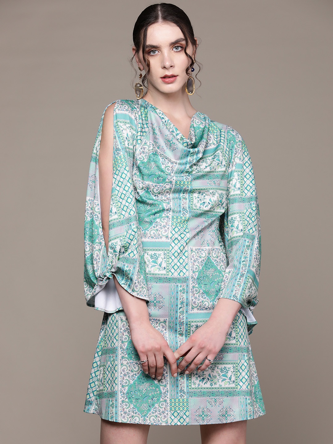 

aarke Ritu Kumar Floral Print Cowl Neck Bell Sleeve A-Line Dress, Sea green