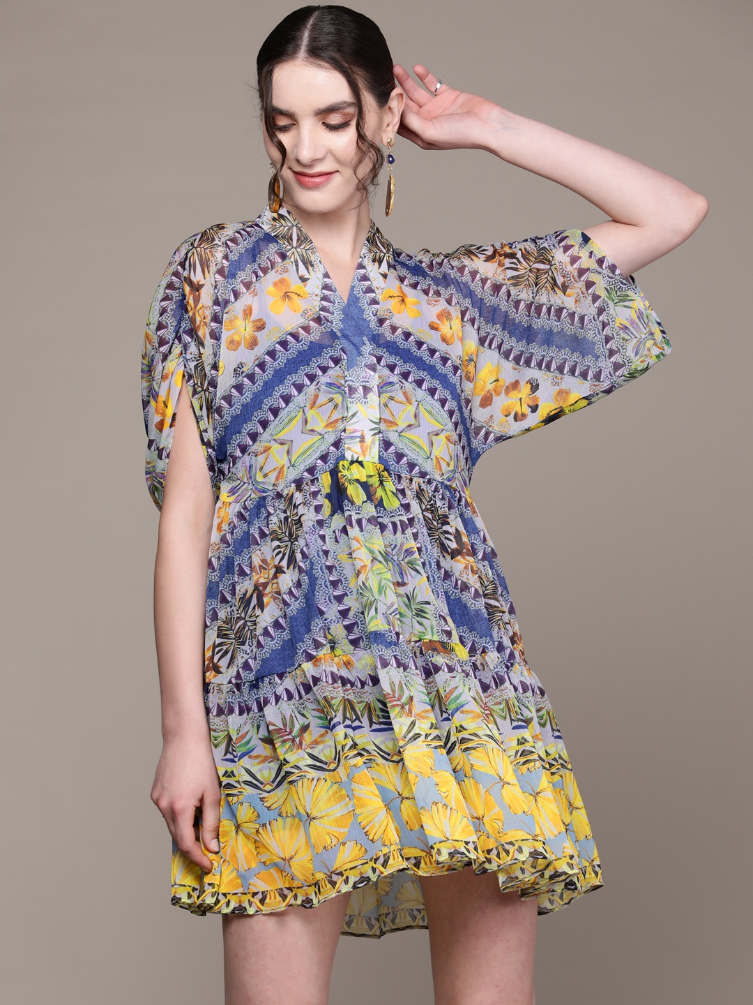 

aarke Ritu Kumar Floral Print Slit Sleeve Chiffon A-Line Dress with Camisole, Blue