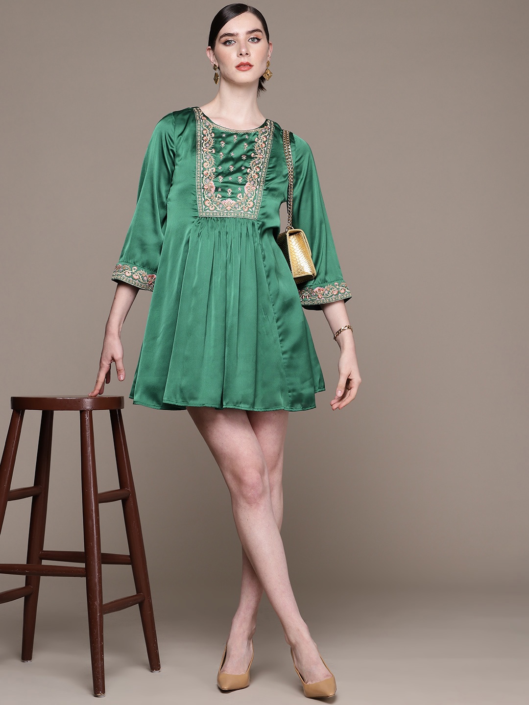 

aarke Ritu Kuma Floral Embroidered Satin A-Line Mini Dress, Green