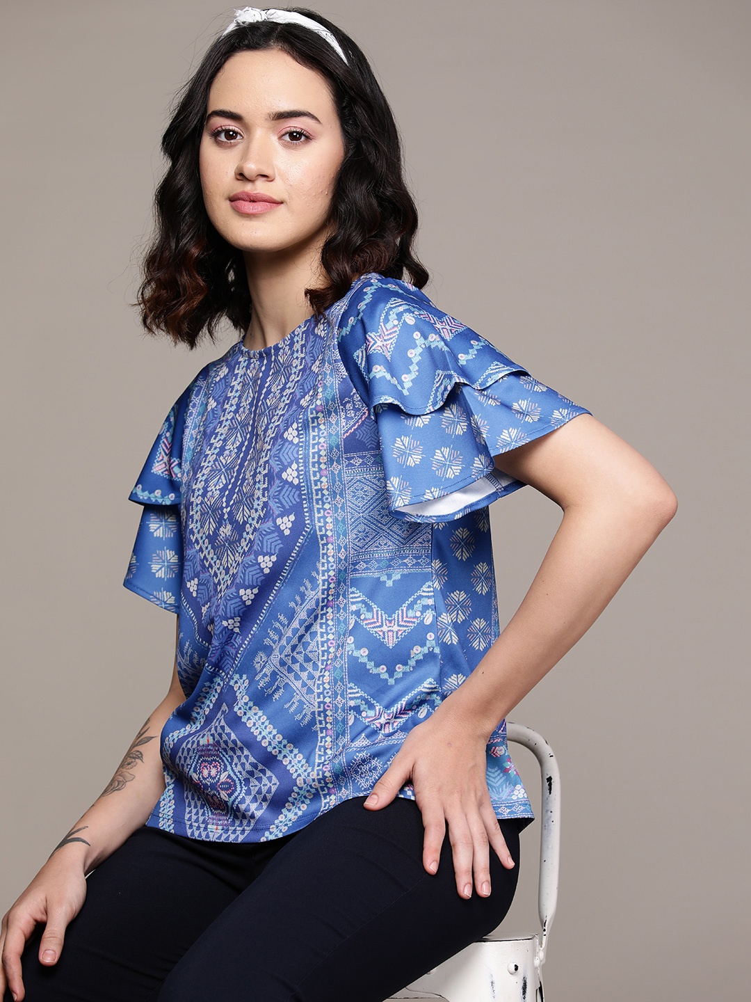 

aarke Ritu Kumar Print Flutter Sleeve Ruffles Top, Blue