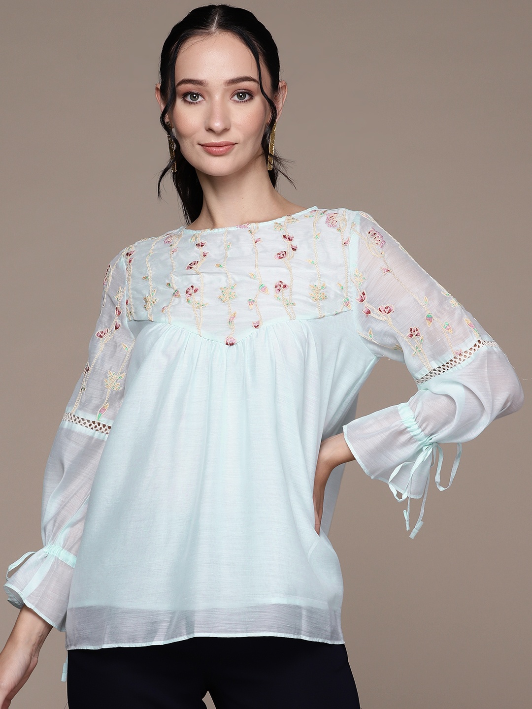 

aarke Ritu Kumar Turquoise Blue Floral Embroidered Puff Sleeve Top