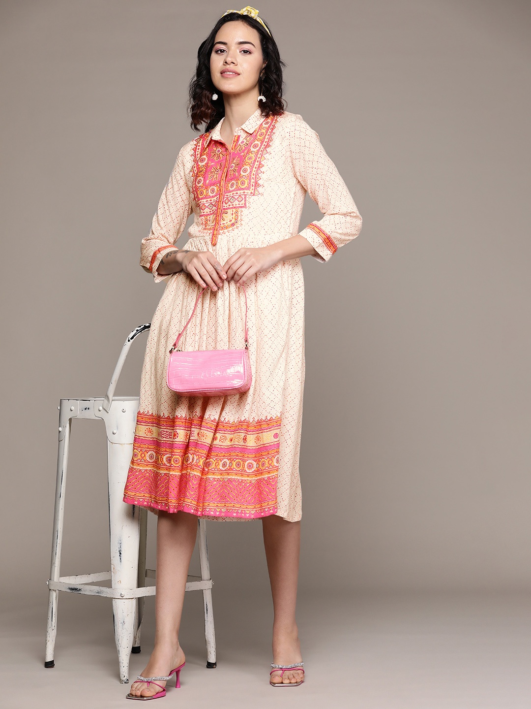 

aarke Ritu Kumar Ethnic Motifs Print A-Line Midi Dress, Off white