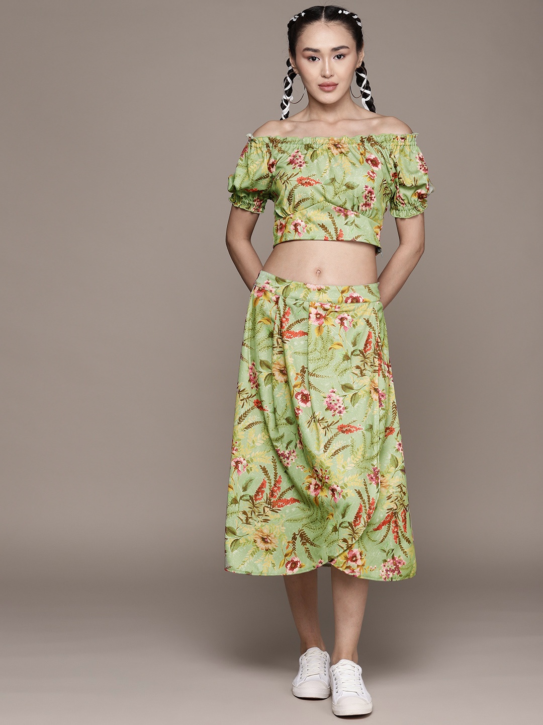 

aarke Ritu Kumar Printed Top with Skirt, Green