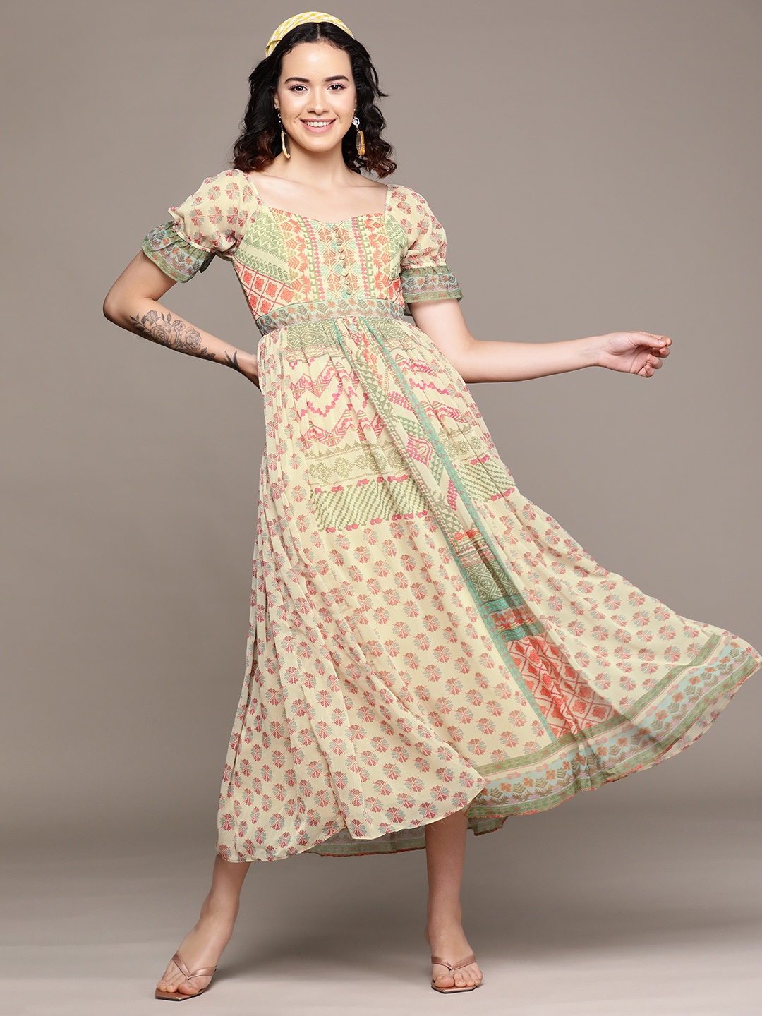 

aarke Ritu Kumar Ethnic Motifs Print Puff Sleeve Chiffon A-Line Midi Dress with Camisole, Multi