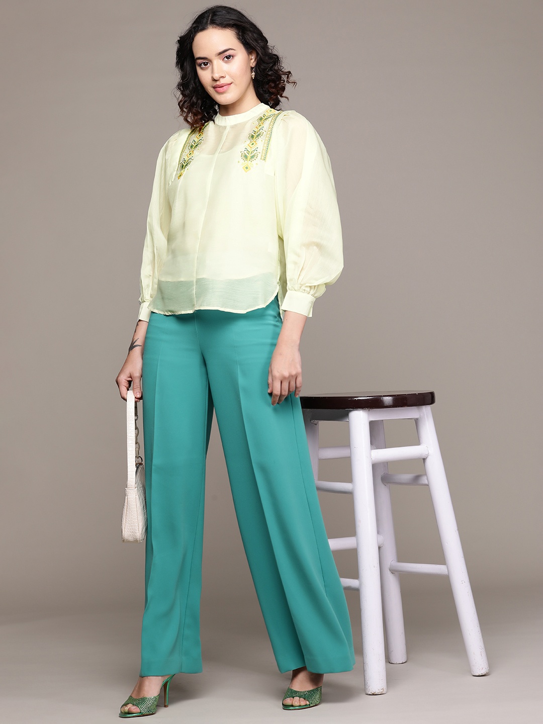 

aarke Ritu Kumar Floral Embroidered Mandarin Collar Puff Sleeve Empire Top, Yellow