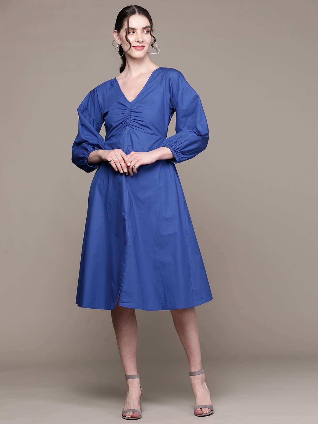 

aarke Ritu Kumar Puff Sleeve A-Line Midi Dress, Blue