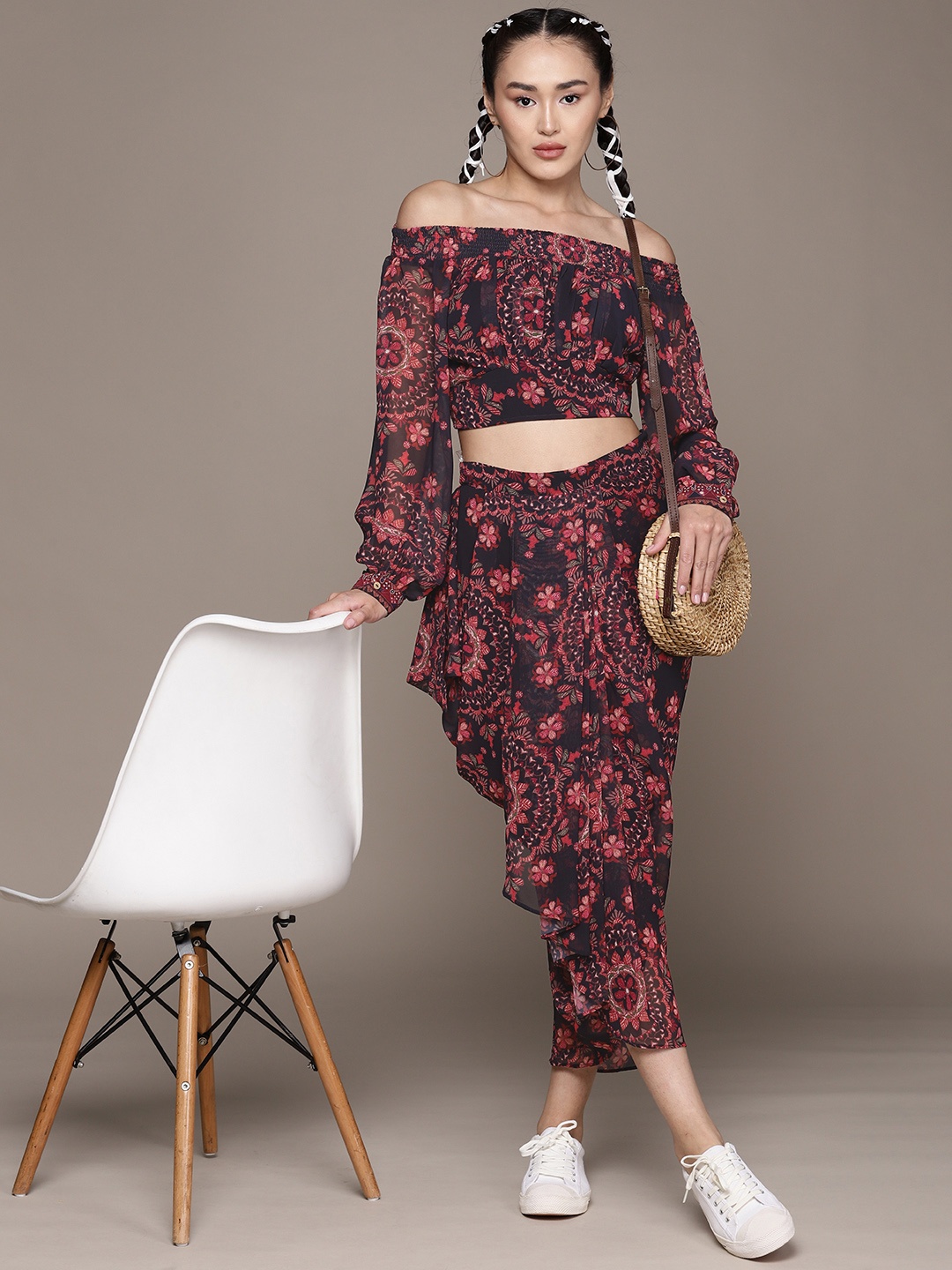 

aarke Ritu Kumar Printed Top with Skirt, Navy blue