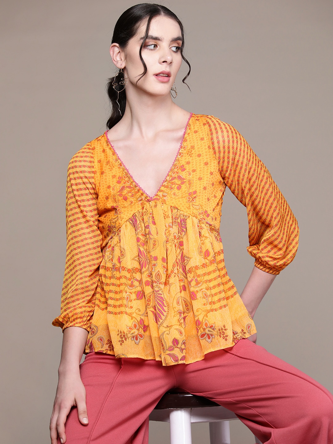 

aarke Ritu Kumar Printed Chiffon Top, Mustard