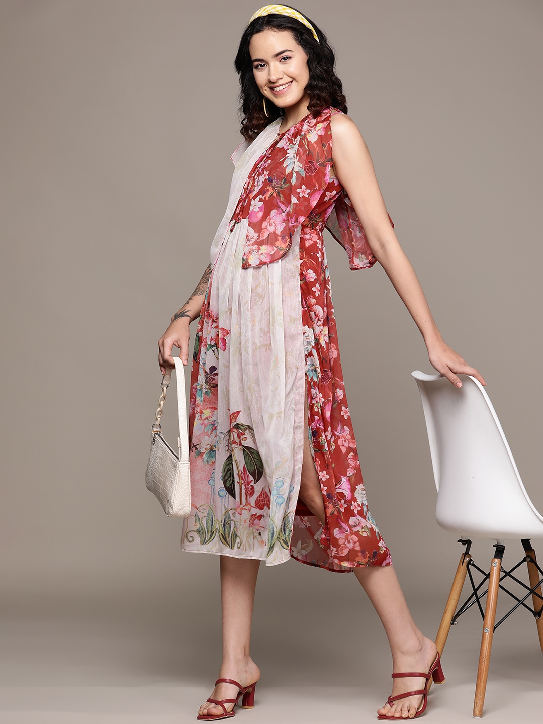 

aarke Ritu Kumar Floral Print Tie-Up Neck Layered Chiffon A-Line Midi Dress, Red