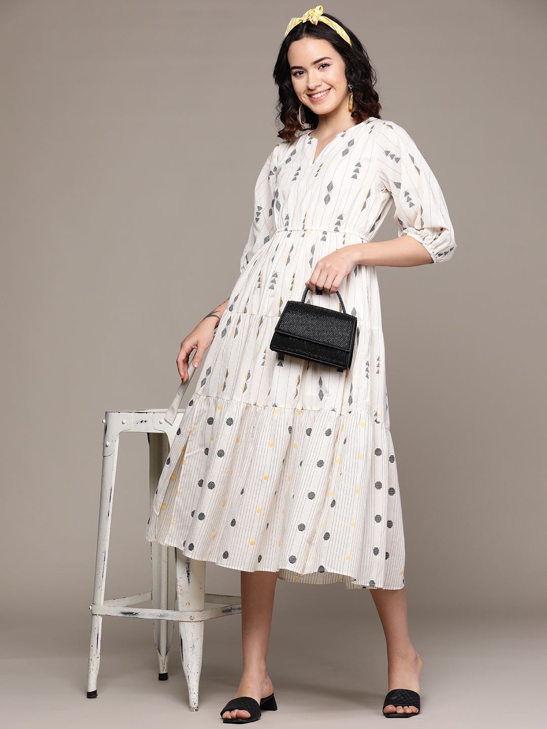 

aarke Ritu Kumar Dyed Puff Sleeves Fit & Flare Midi Dress, Off white
