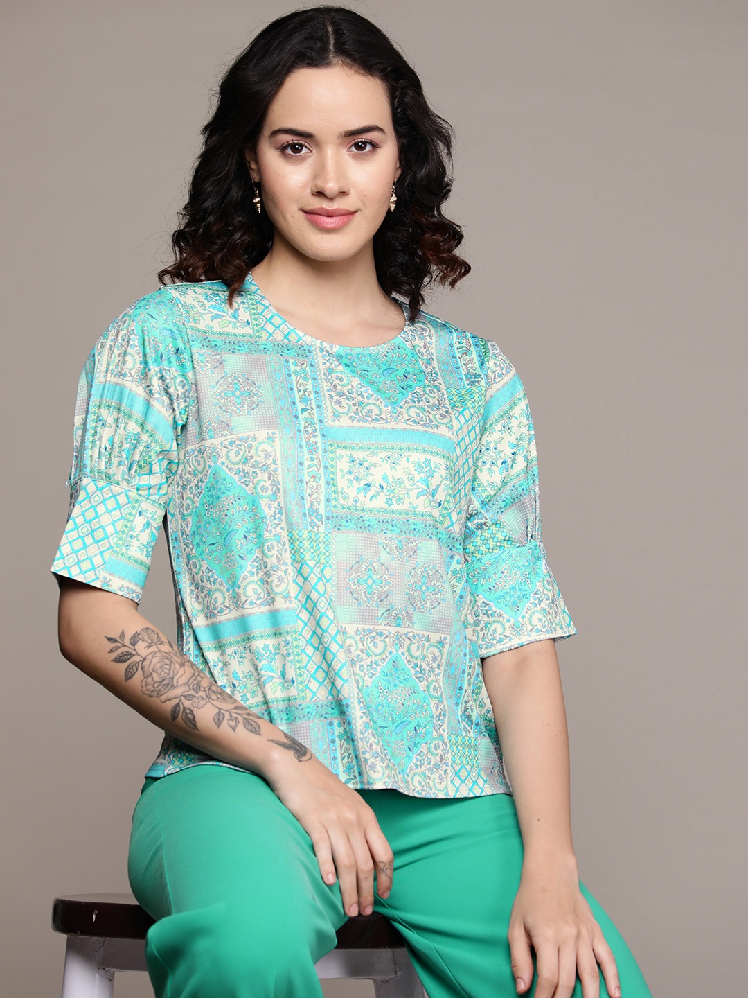 

aarke Ritu Kumar Print Puff Sleeves Top, Turquoise blue