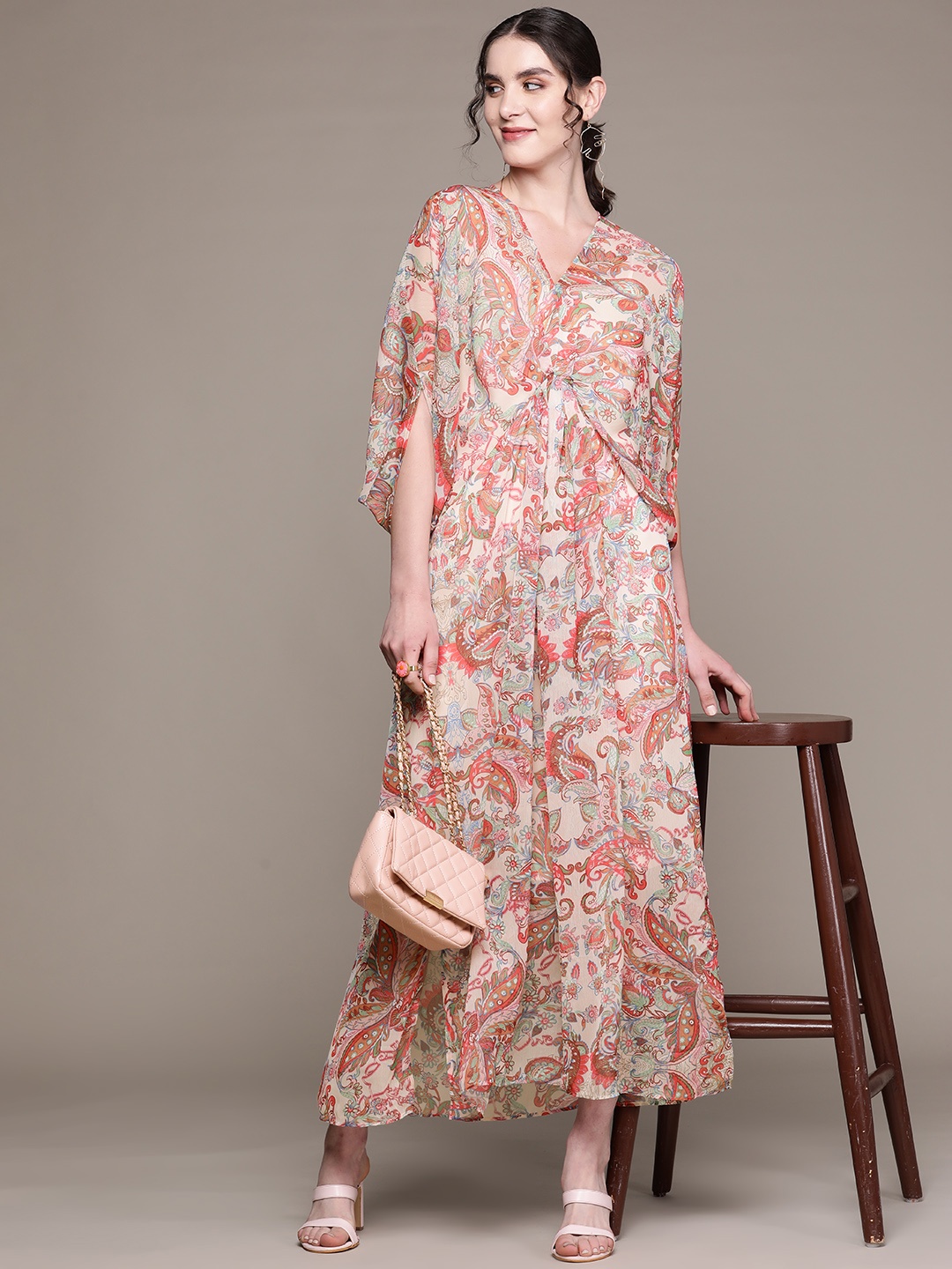 

aarke Ritu Kumar Ethnic Motifs Print Chiffon Kaftan Maxi Dress with Camisole, Multi