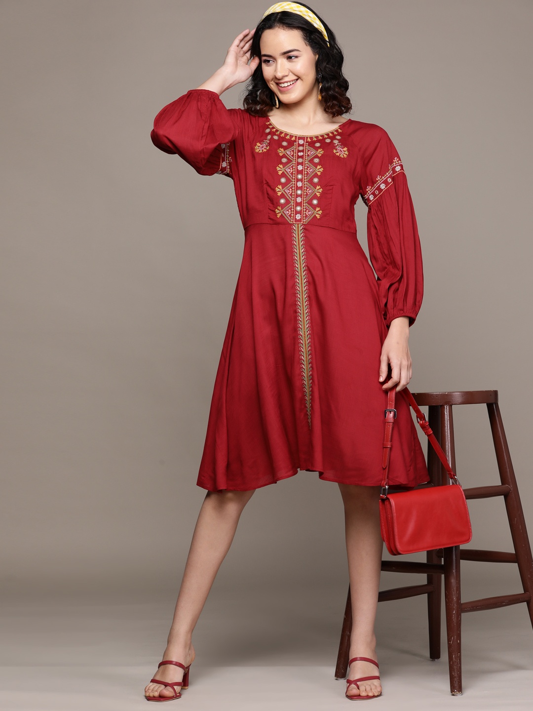 

aarke Ritu Kumar Floral Embroidered Puff Sleeves A-Line Dress, Red