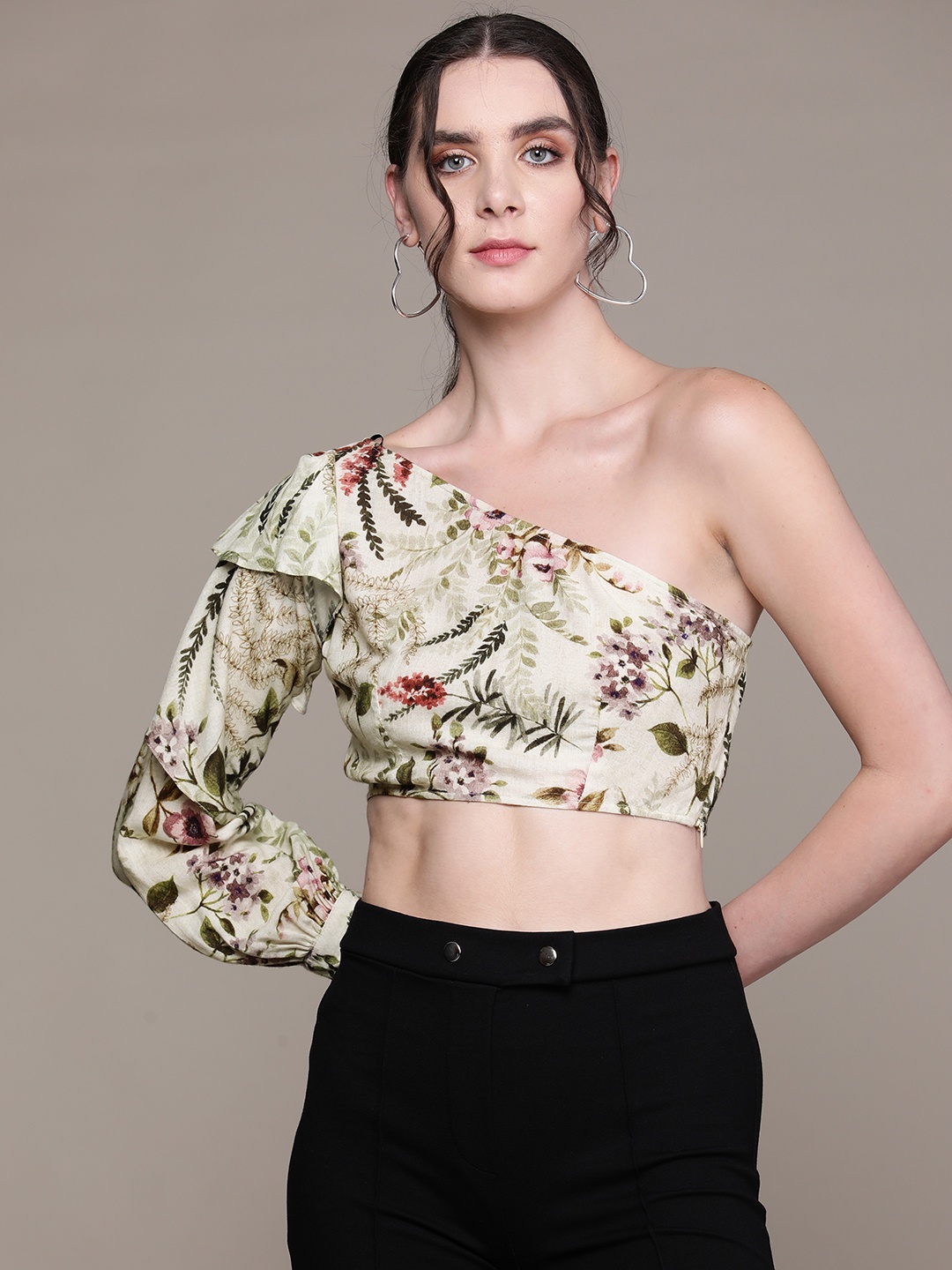 

aarke Ritu Kumar Floral Print One Shoulder Ruffles Crop Top, Off white