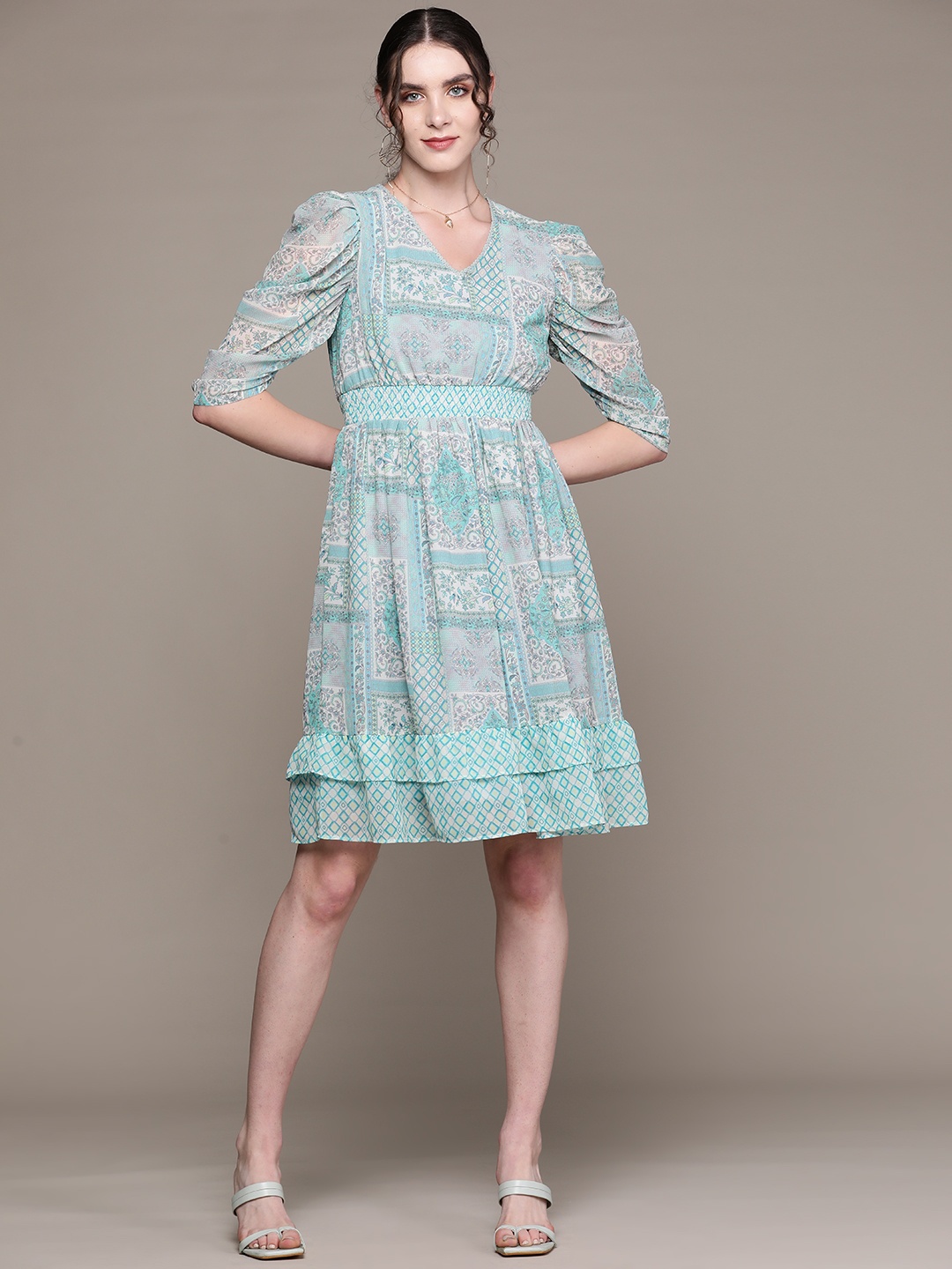 

aarke Ritu Kumar Floral Print Puff Sleeves Georgette Fit & Flare Dress, Blue